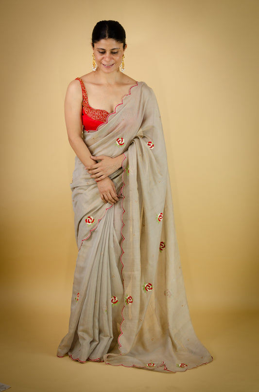 Sequence & Resham thread Hand Embroidered Handloom tissue Silk Saree.