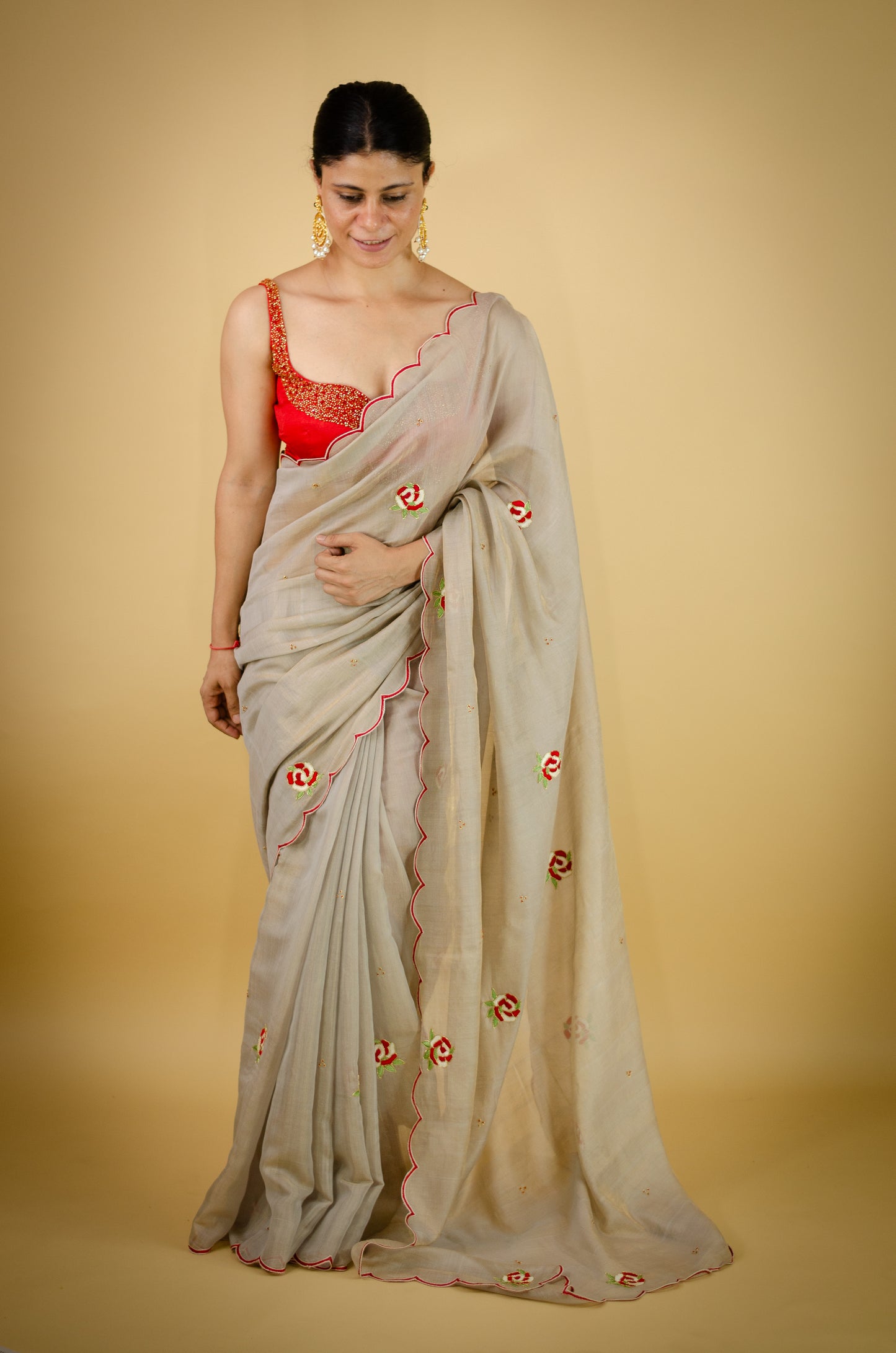 Sequence & Resham thread Hand Embroidered Handloom tissue Silk Saree.