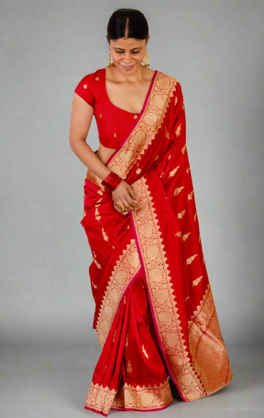 Deep Red Colour  Meenakari /Silver Jangle /Gold  kadwa Weaving Handwoven Katan Mulbery Silk Saree