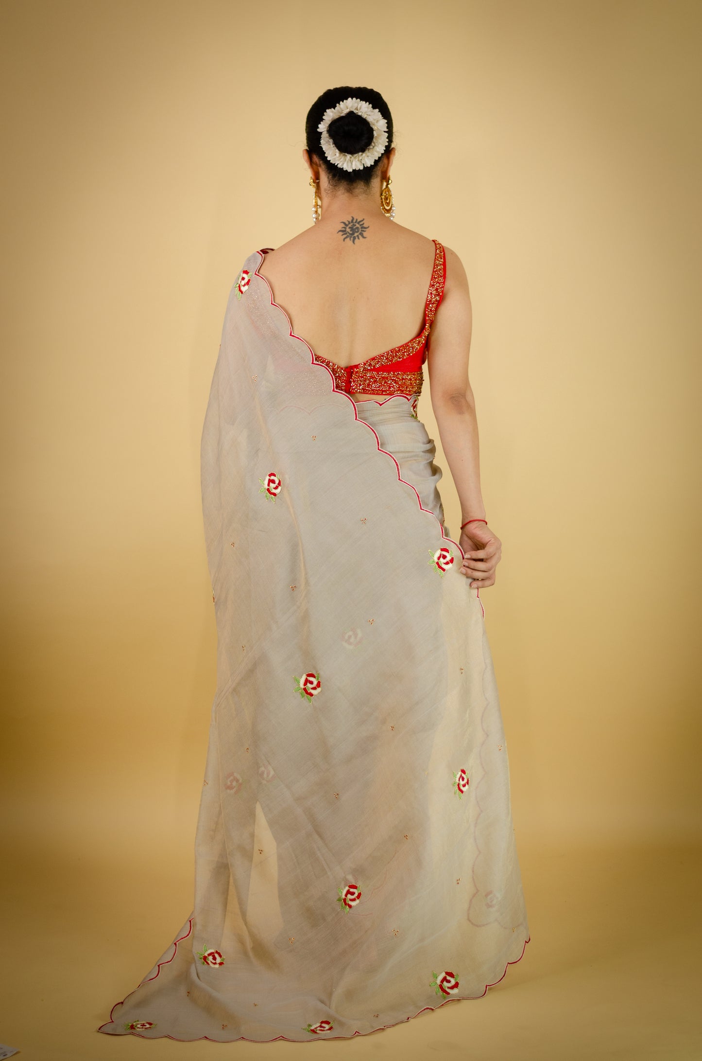 Sequence & Resham thread Hand Embroidered Handloom tissue Silk Saree.