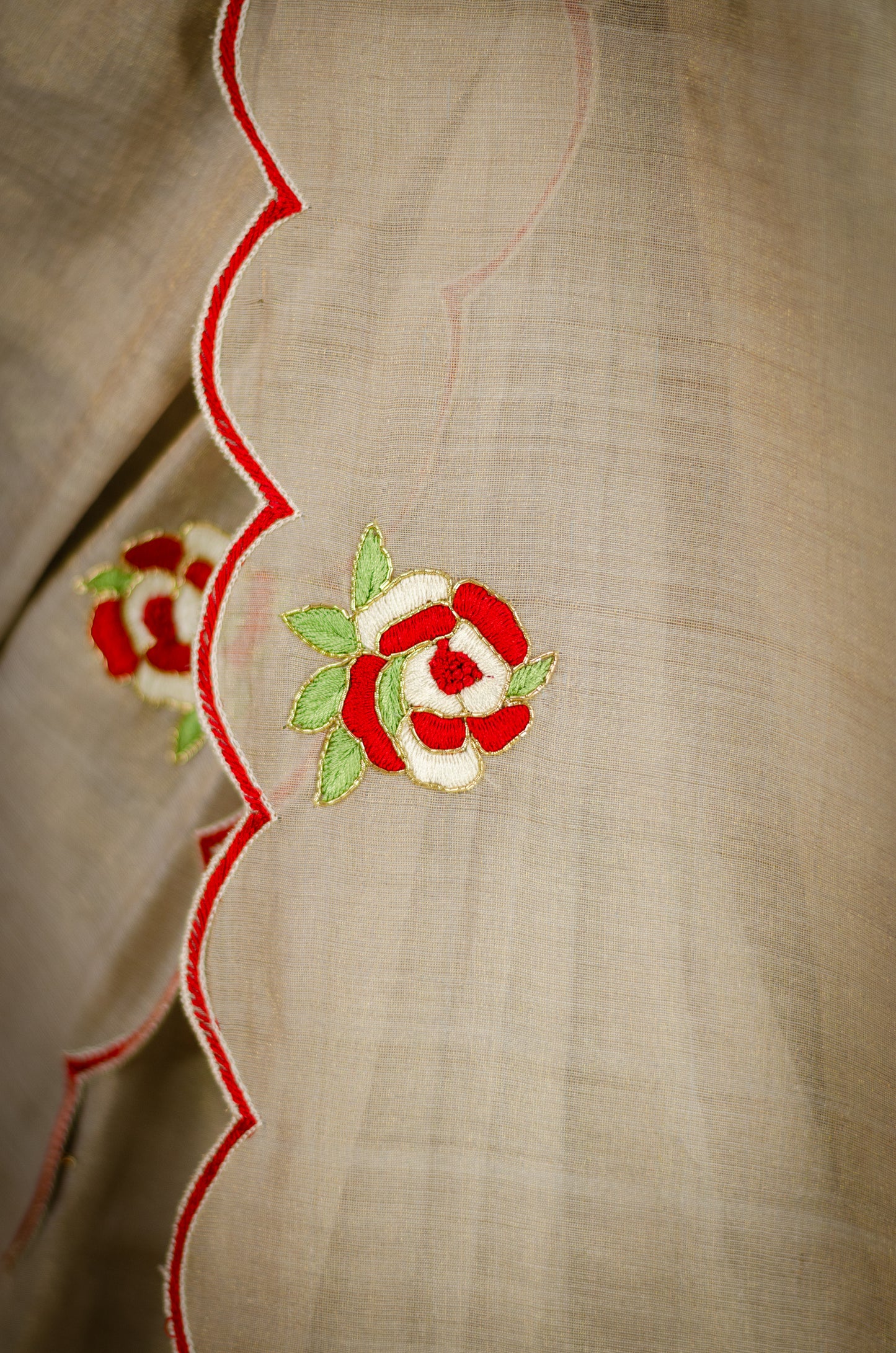 Sequence & Resham thread Hand Embroidered Handloom tissue Silk Saree.