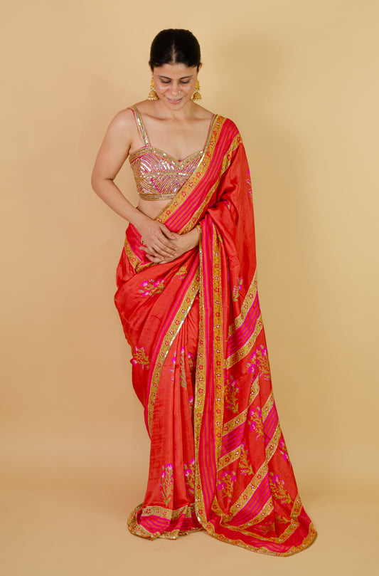 Handloom Hand Block Printed & Hand Embroidered Mulberry Silk Saree