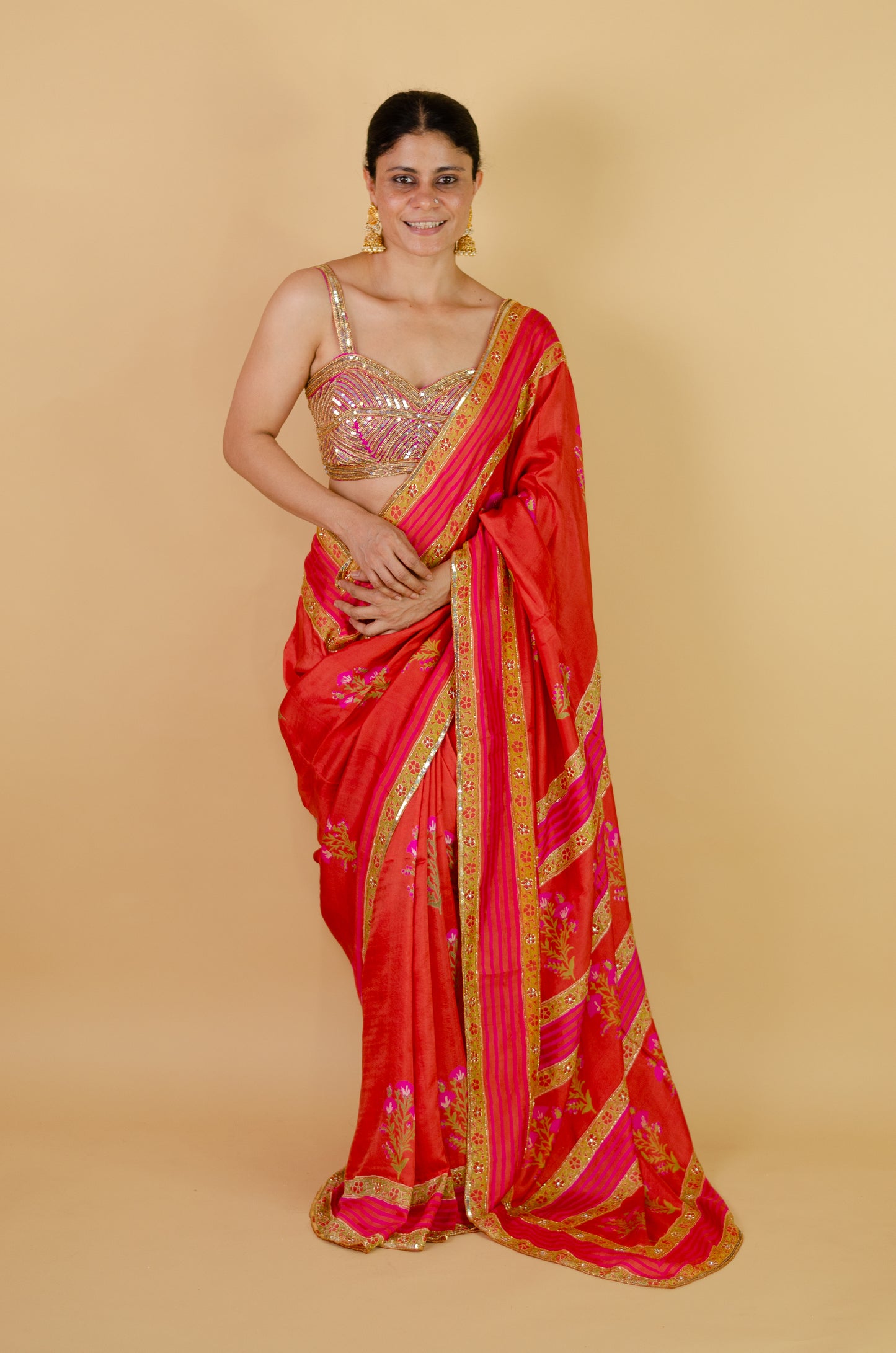 Handloom Hand Block Printed & Hand Embroidered Mulberry Silk Saree