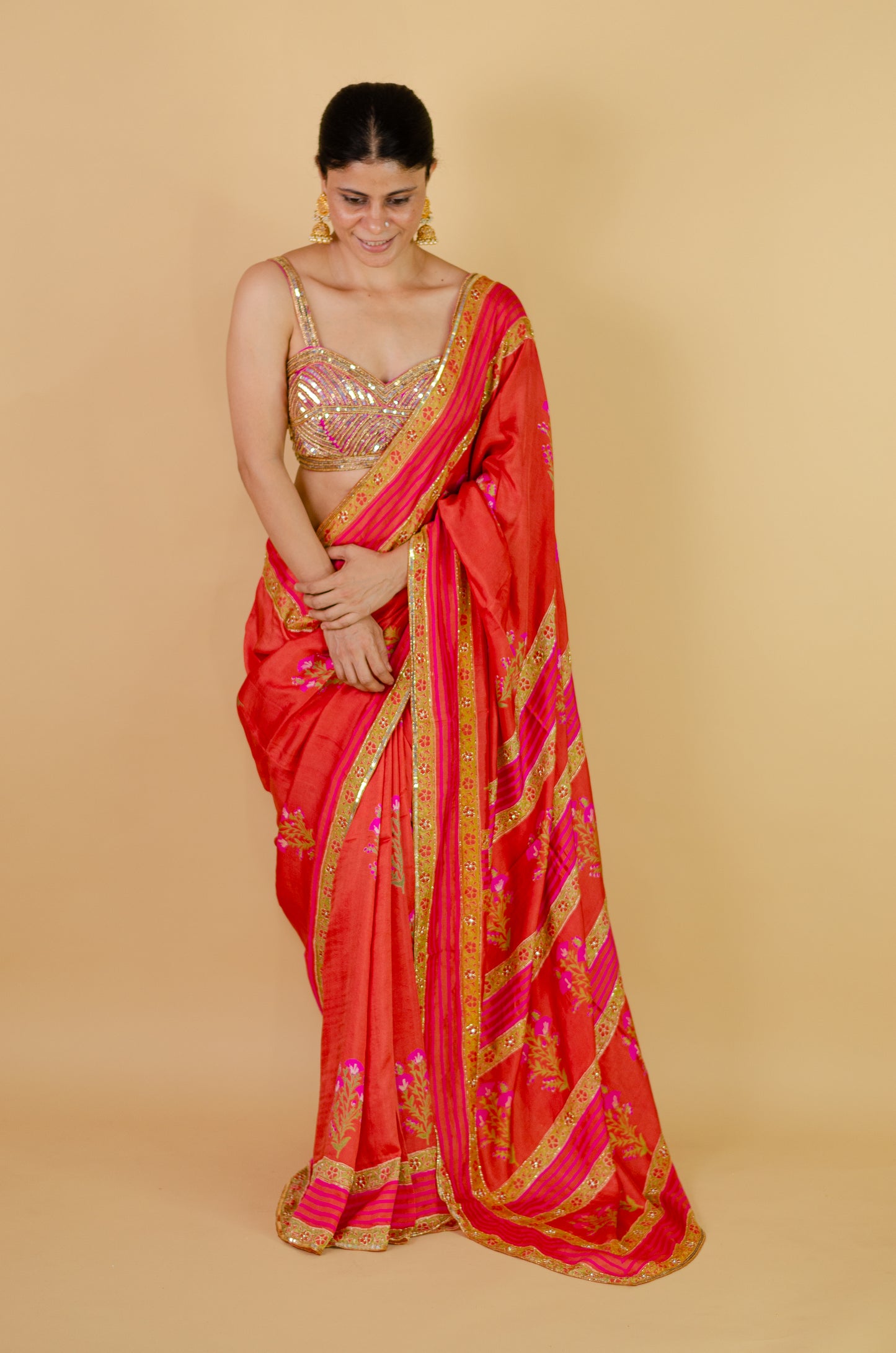 Handloom Hand Block Printed & Hand Embroidered Mulberry Silk Saree