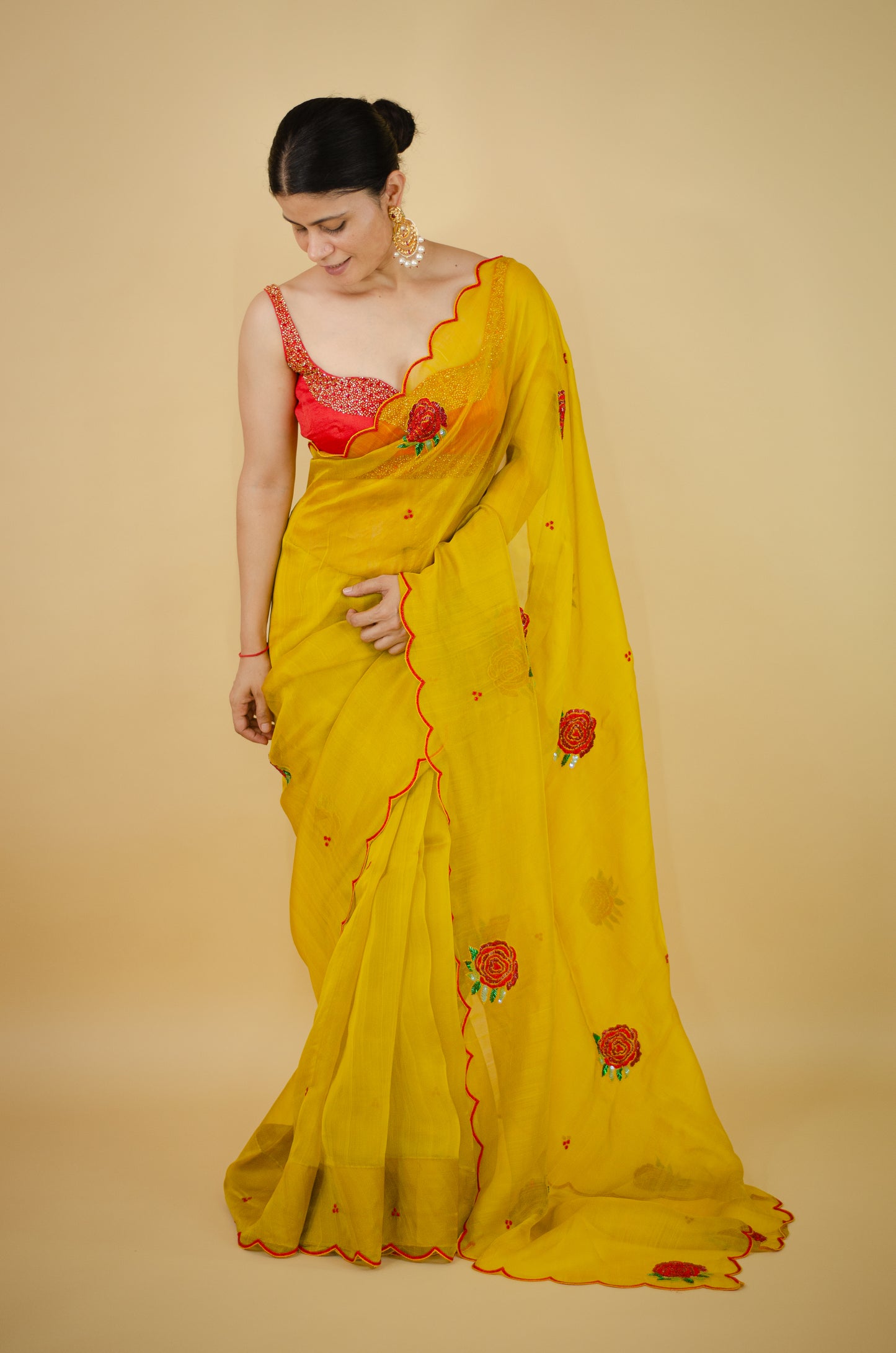 Zardosi and Sequence and Beads Hand Embroidered Handloom Organza Silk Saree