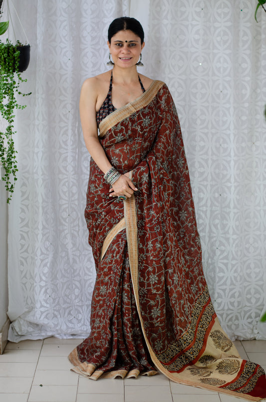 Natural Dyed Handblock Printed Linen Saree