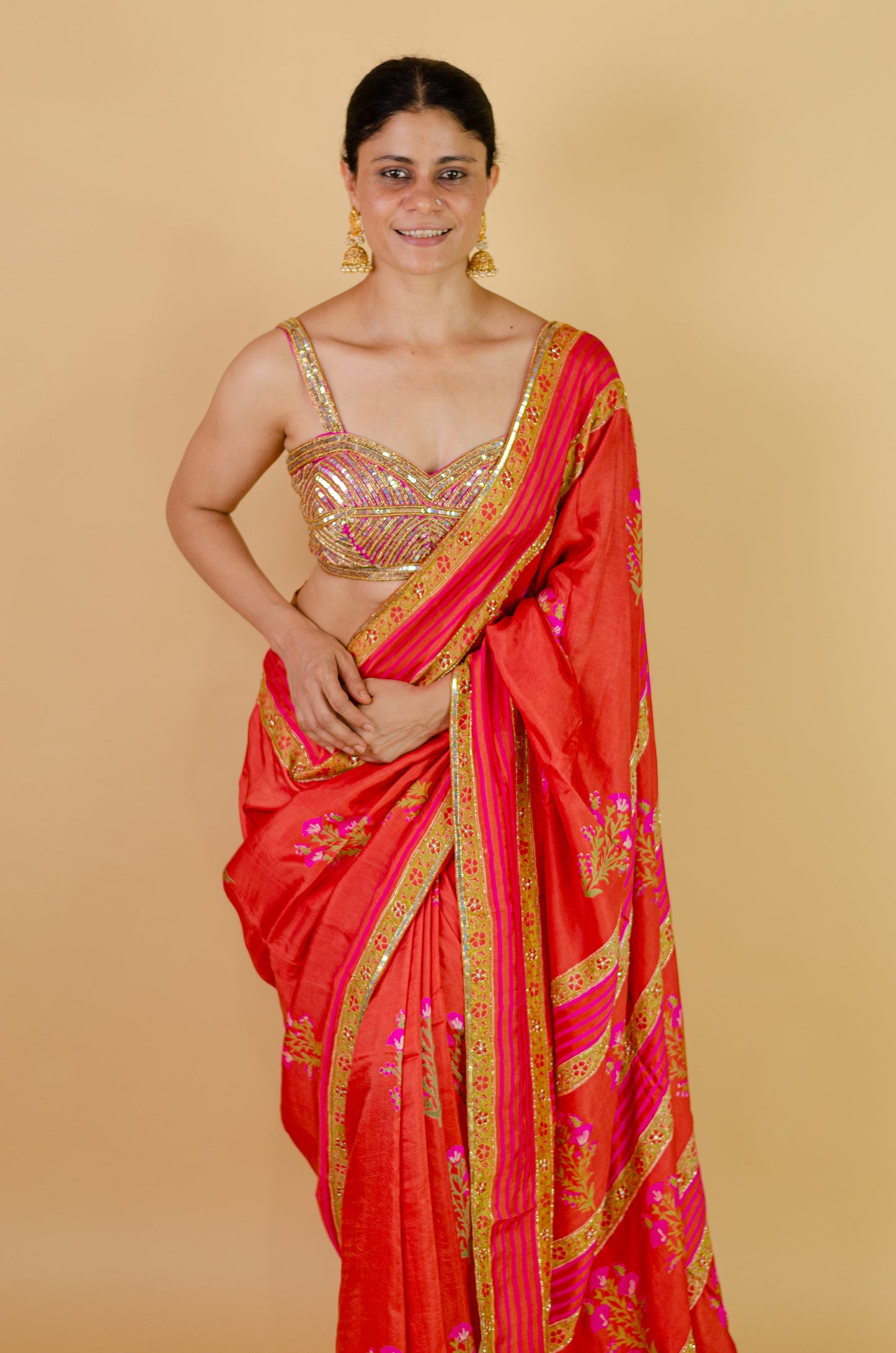 Handloom Hand Block Printed & Hand Embroidered Mulberry Silk Saree
