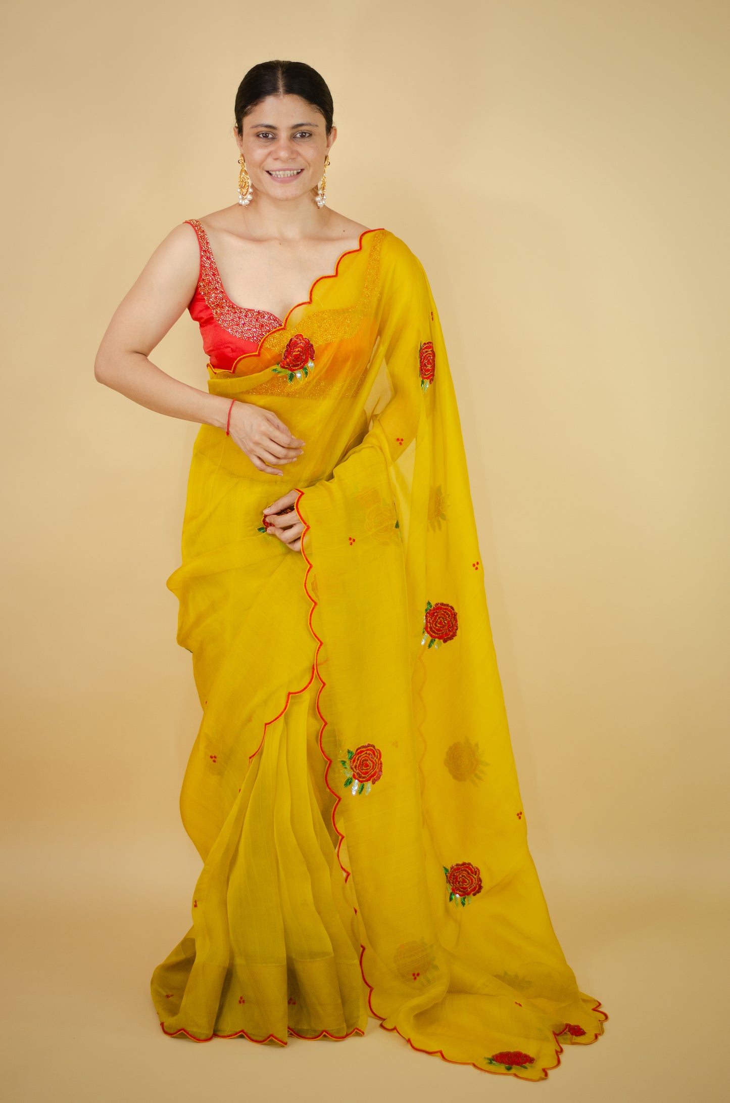 Zardosi and Sequence and Beads Hand Embroidered Handloom Organza Silk Saree
