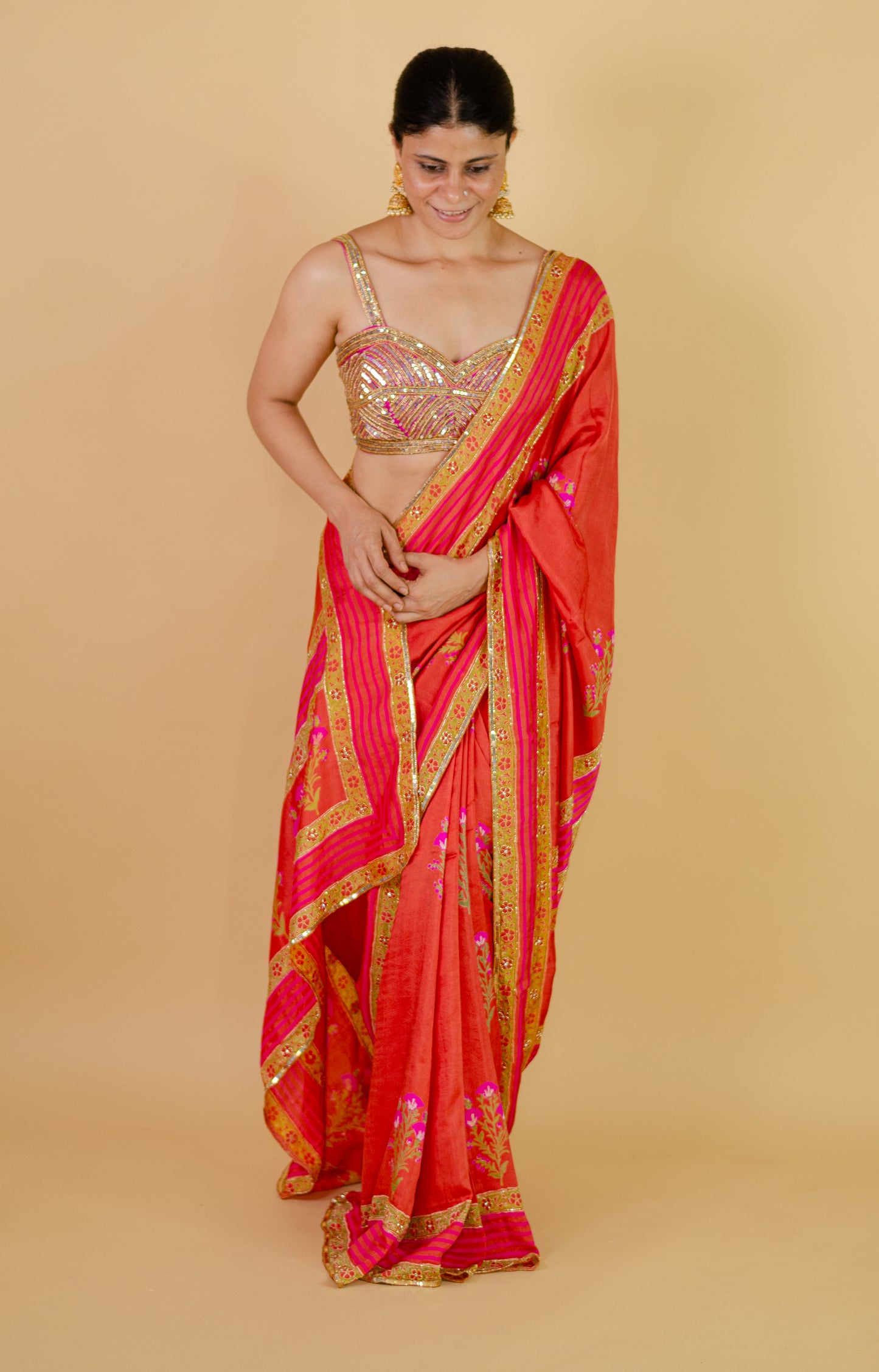 Handloom Hand Block Printed & Hand Embroidered Mulberry Silk Saree