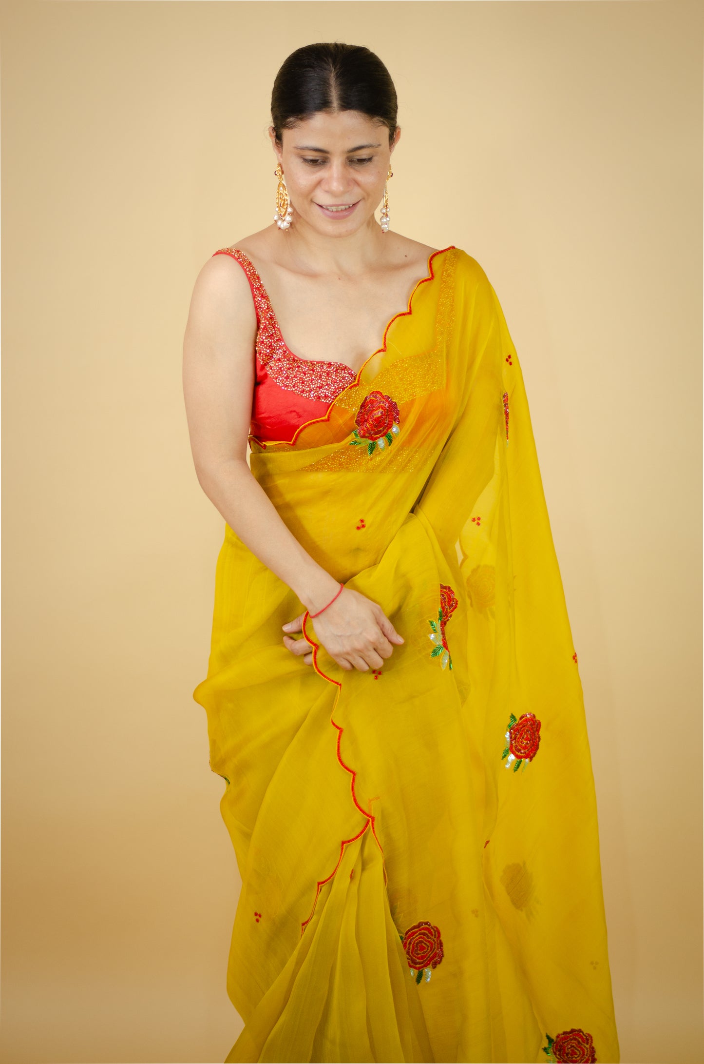 Zardosi and Sequence and Beads Hand Embroidered Handloom Organza Silk Saree