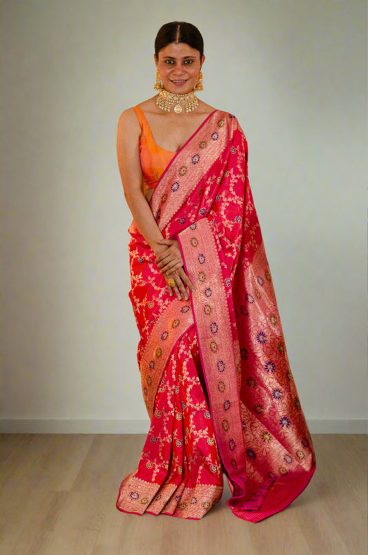 Dual Shade Rani Pink  Colour Handwoven Kadwa  Jaal Katan Silk Banarasi Saree