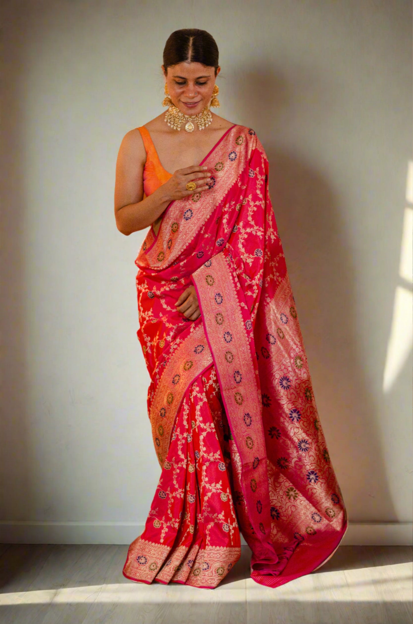 Dual Shade Rani Pink  Colour Handwoven Kadwa  Jaal Katan Silk Banarasi Saree
