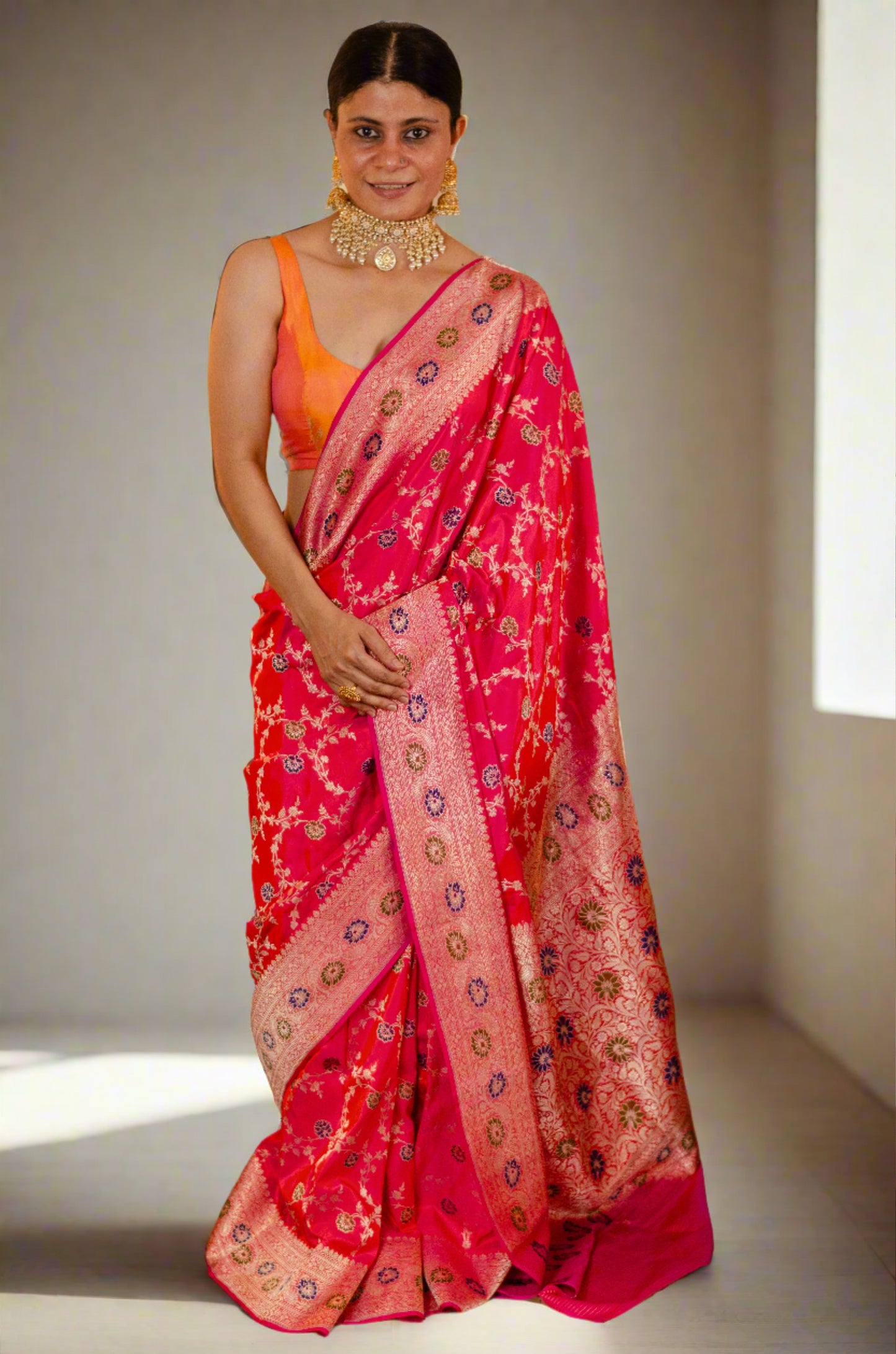 Dual Shade Rani Pink  Colour Handwoven Kadwa  Jaal Katan Silk Banarasi Saree