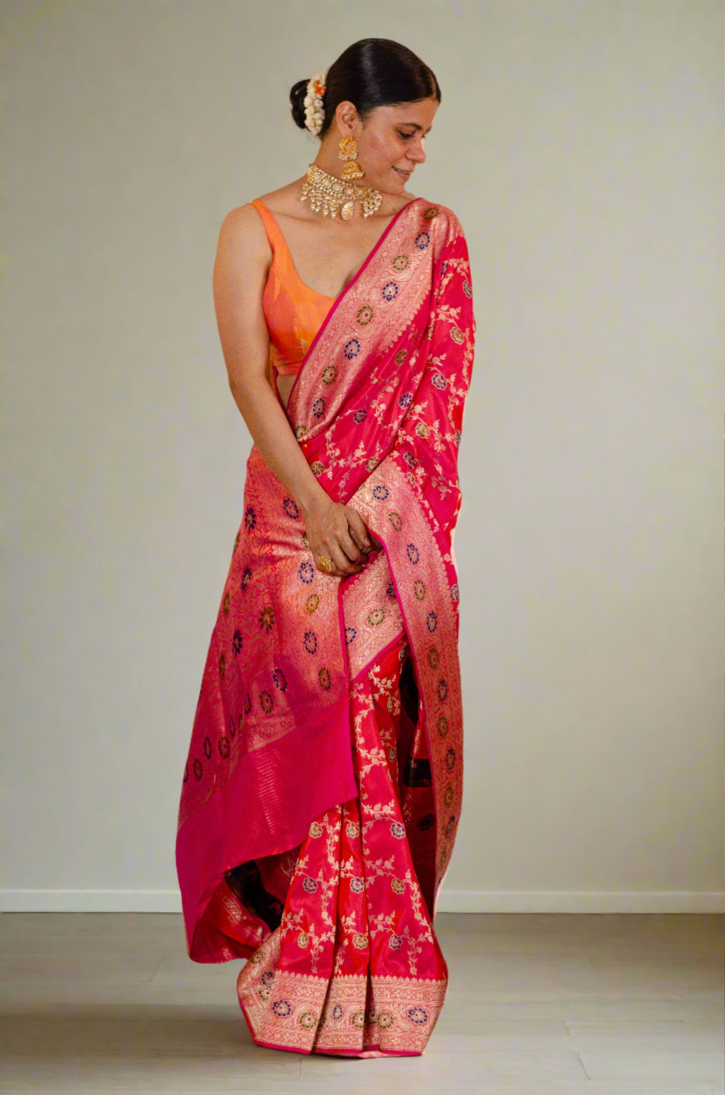 Dual Shade Rani Pink  Colour Handwoven Kadwa  Jaal Katan Silk Banarasi Saree