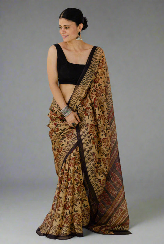 Hand Block Printed  Natural Dyed Kota Silk Saree.