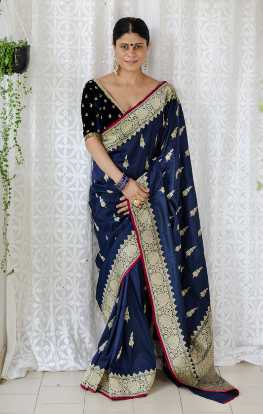 Deep Navi Bllue Colour  Meenakari /Silver Jangle /Gold  kadwa Weaving Handwoven Katan Mulbery Silk Saree