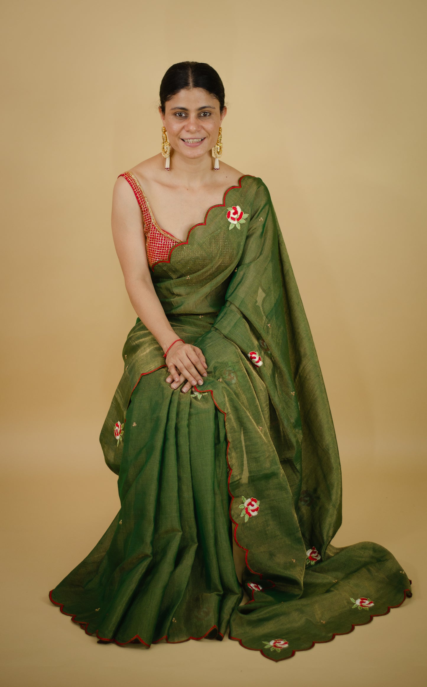 Sequence & Resham thread Hand Embroidered Handloom tissue Silk Saree.