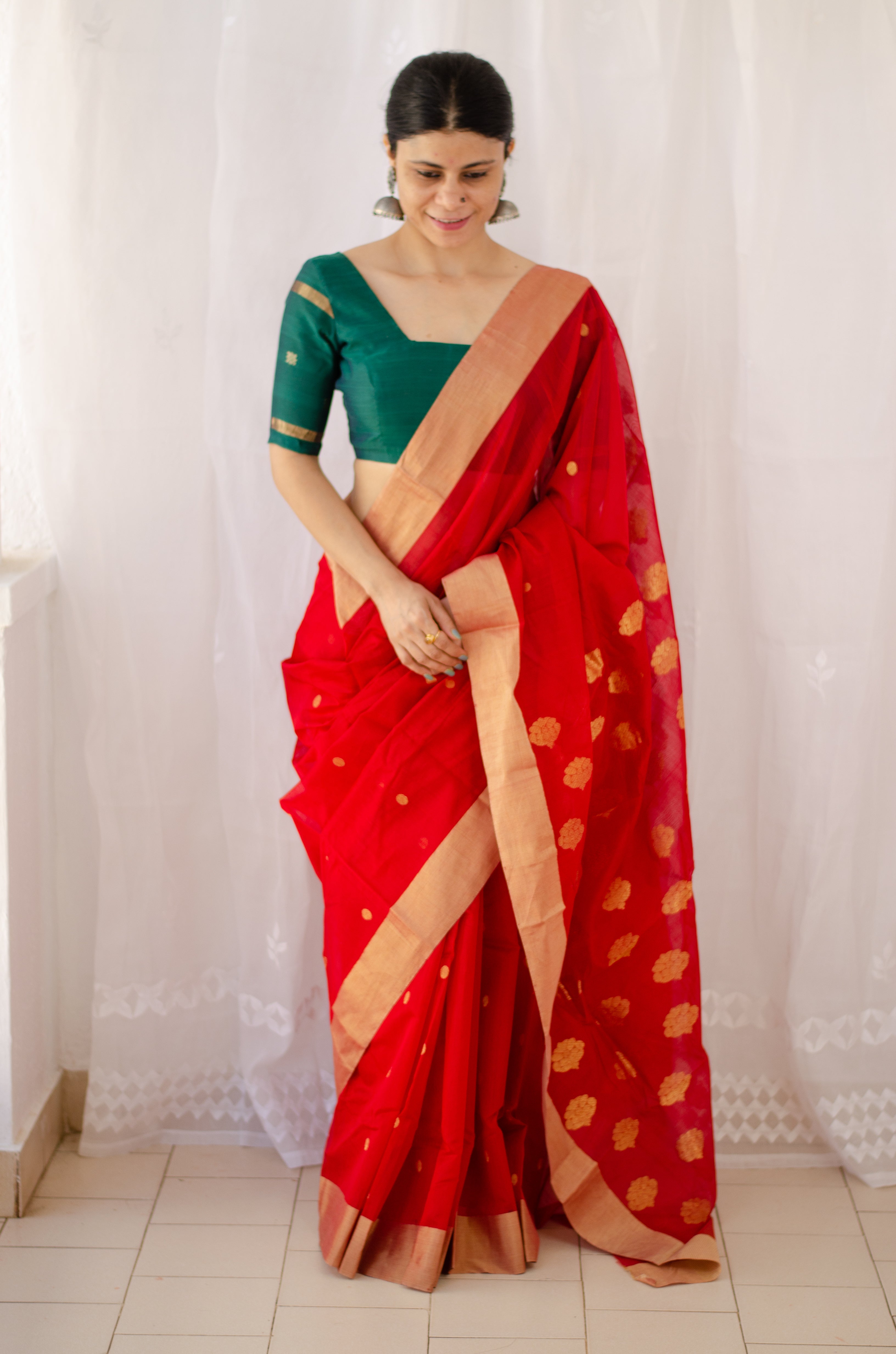 Handloom Chanderi Saree with intricate Resham Embroidered Floral motifs & Zari Border