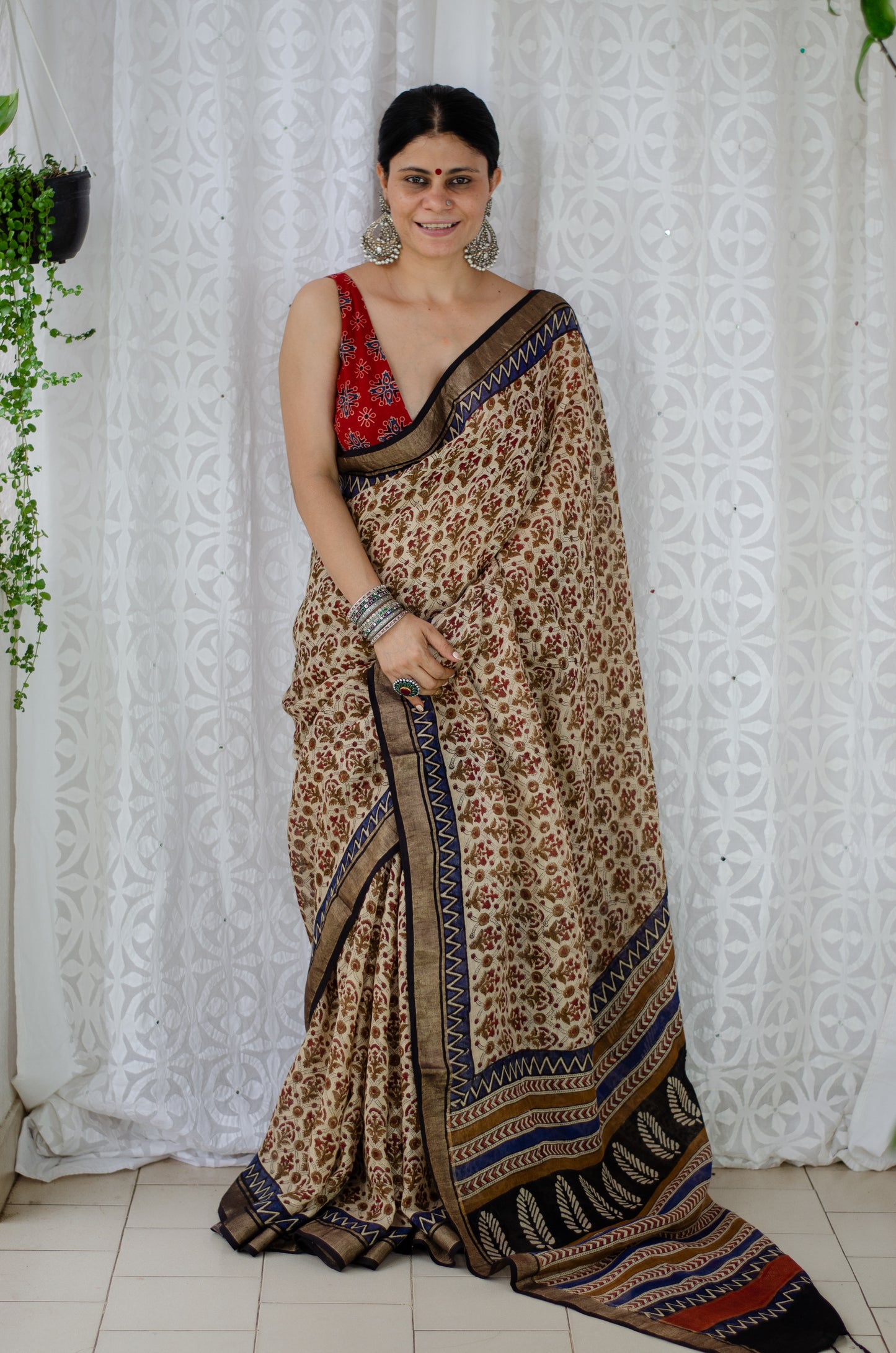 Natural Dyed Handblock Printed Linen Saree