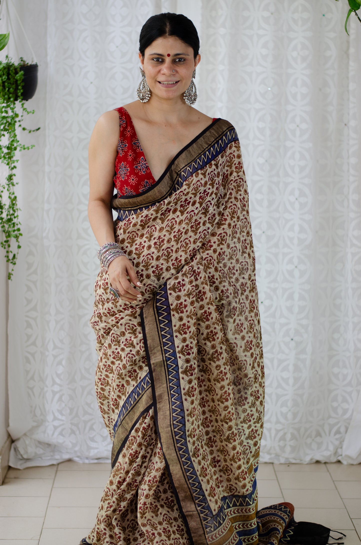 Natural Dyed Handblock Printed Linen Saree