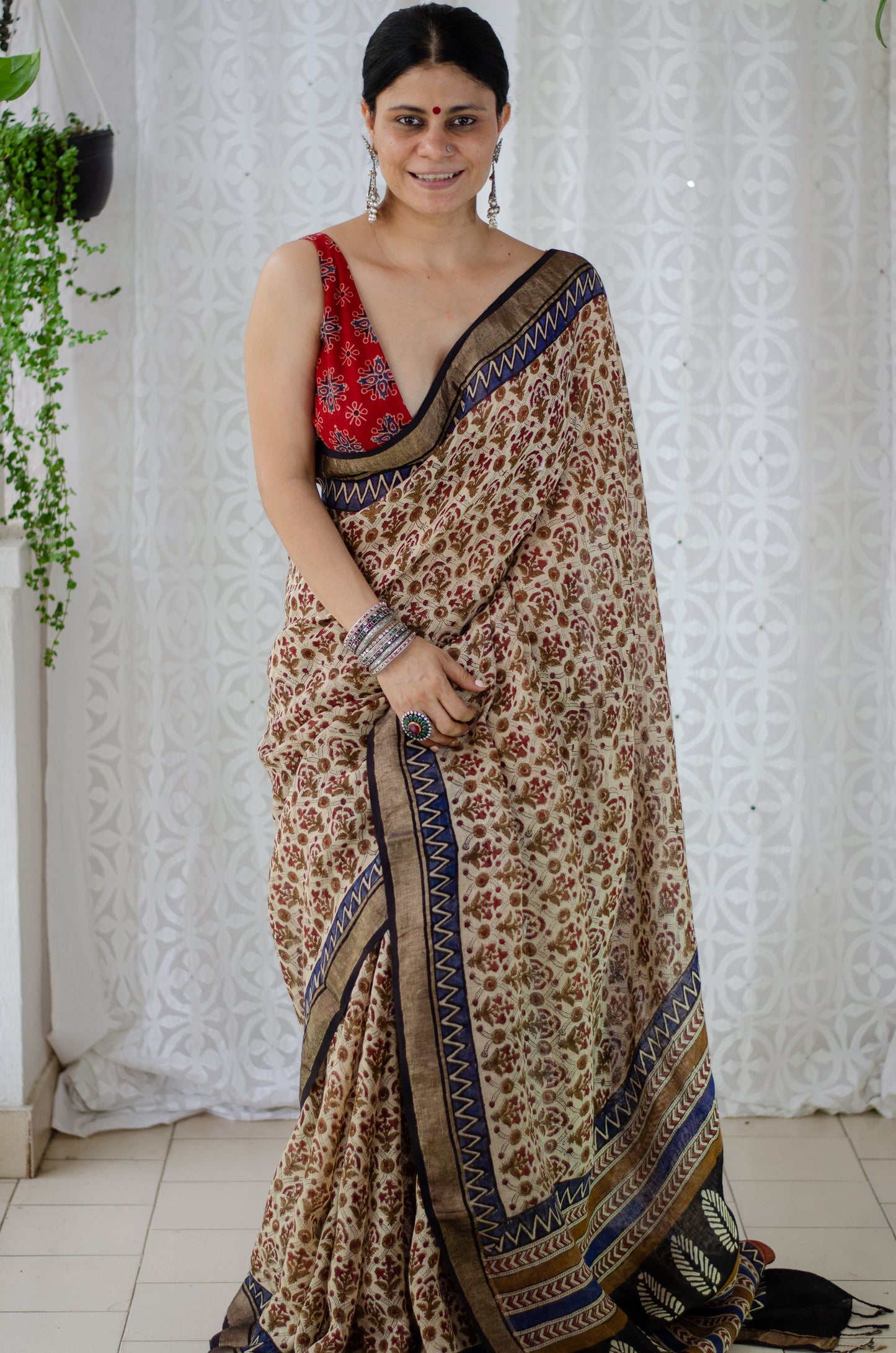 Natural Dyed Handblock Printed Linen Saree