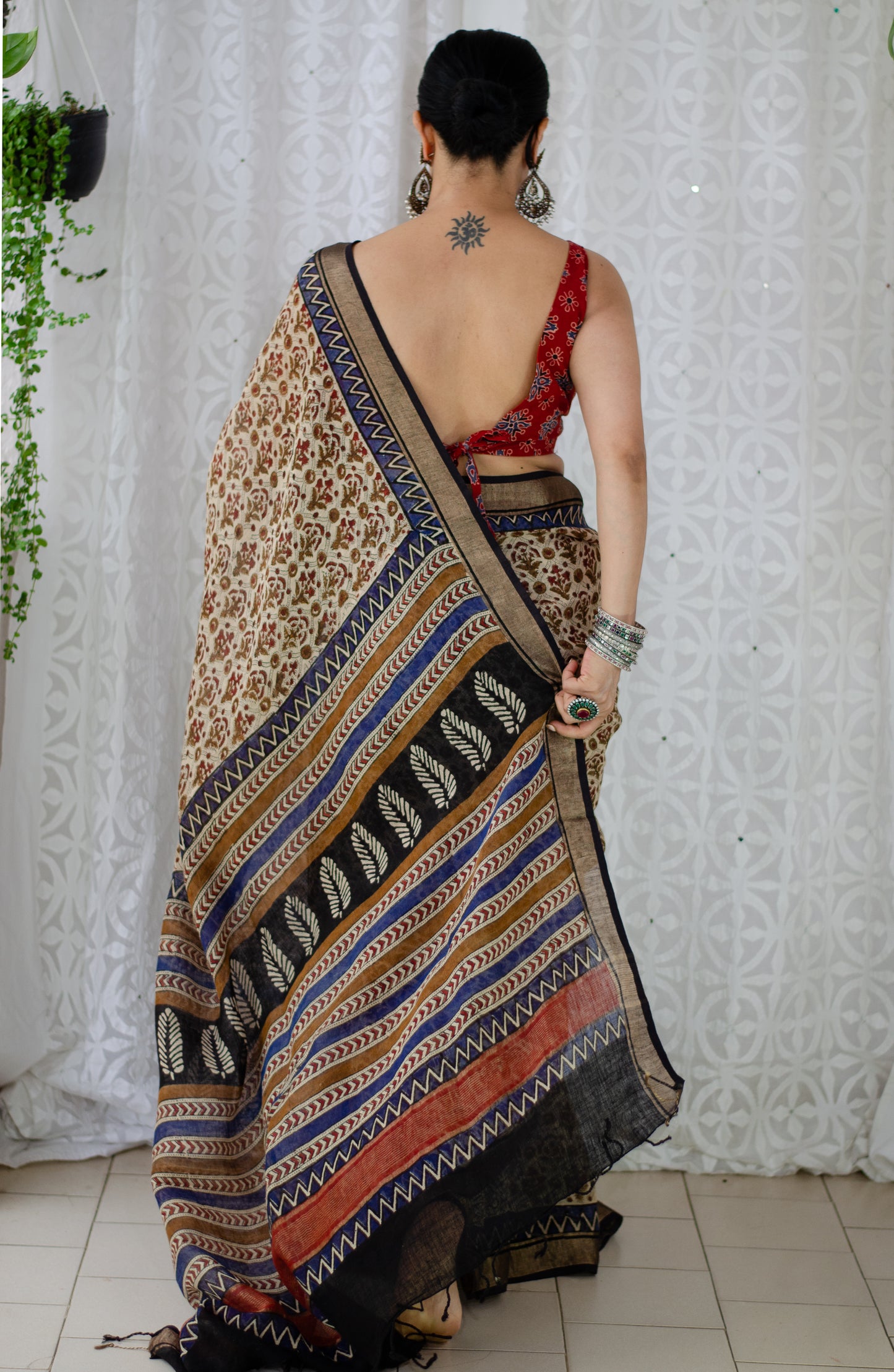 Natural Dyed Handblock Printed Linen Saree