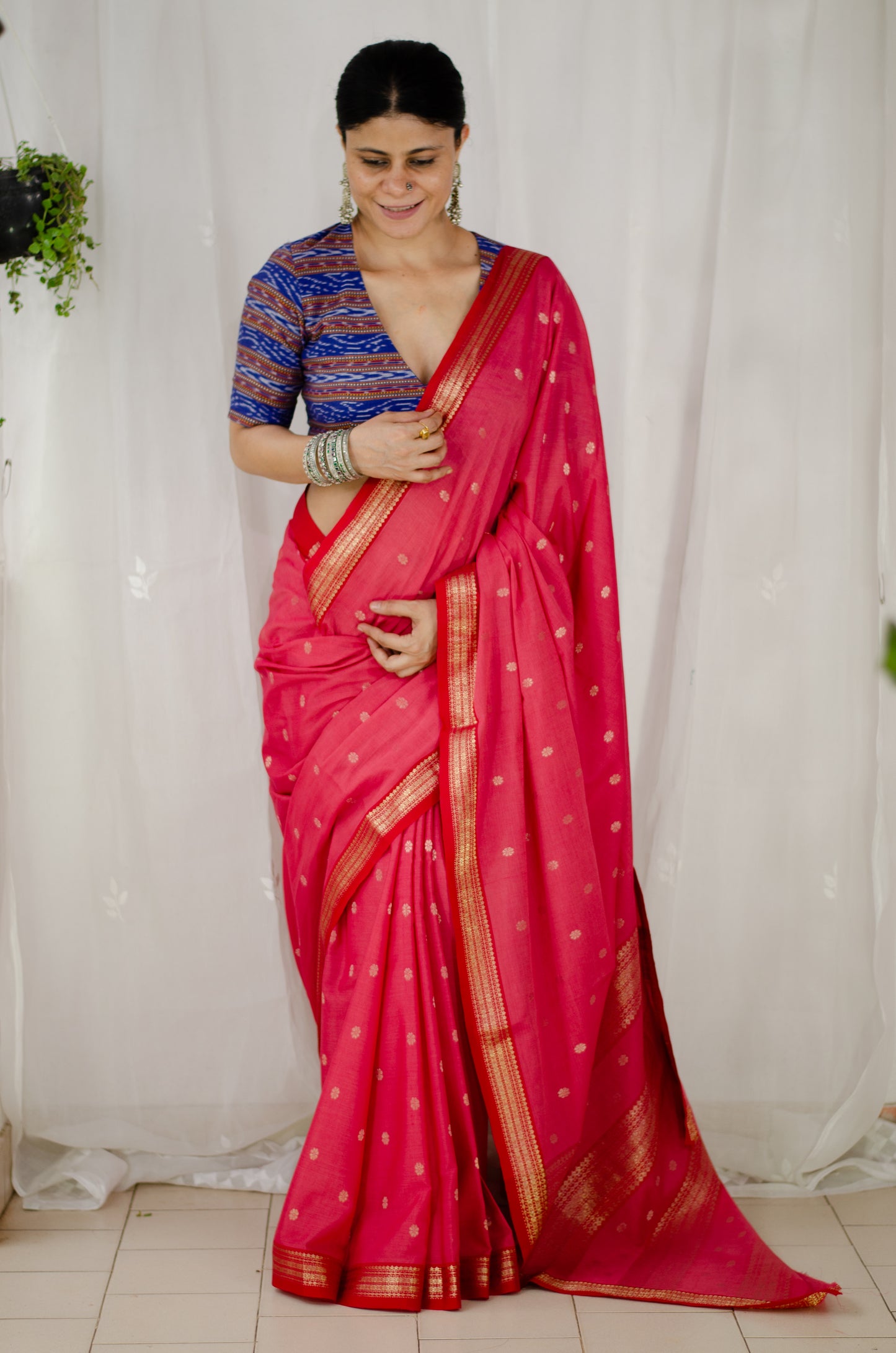 Double Woven handloom Traditional Indori Bootis Muslin Chanderi Saree.