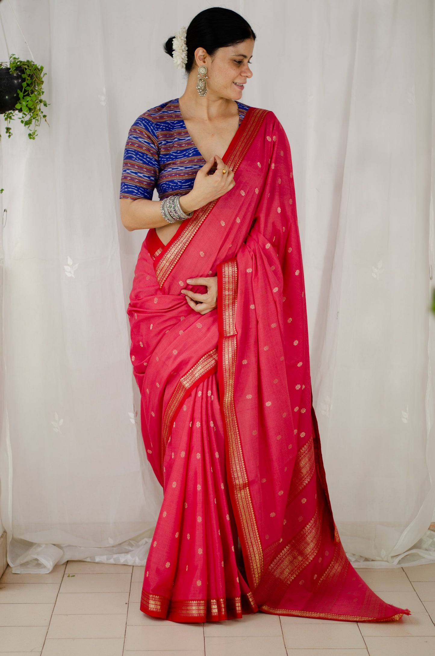 Double Woven handloom Traditional Indori Bootis Muslin Chanderi Saree.