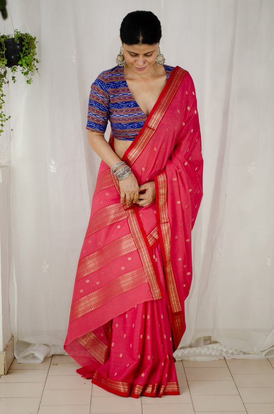 Double Woven handloom Traditional Indori Bootis Muslin Chanderi Saree.