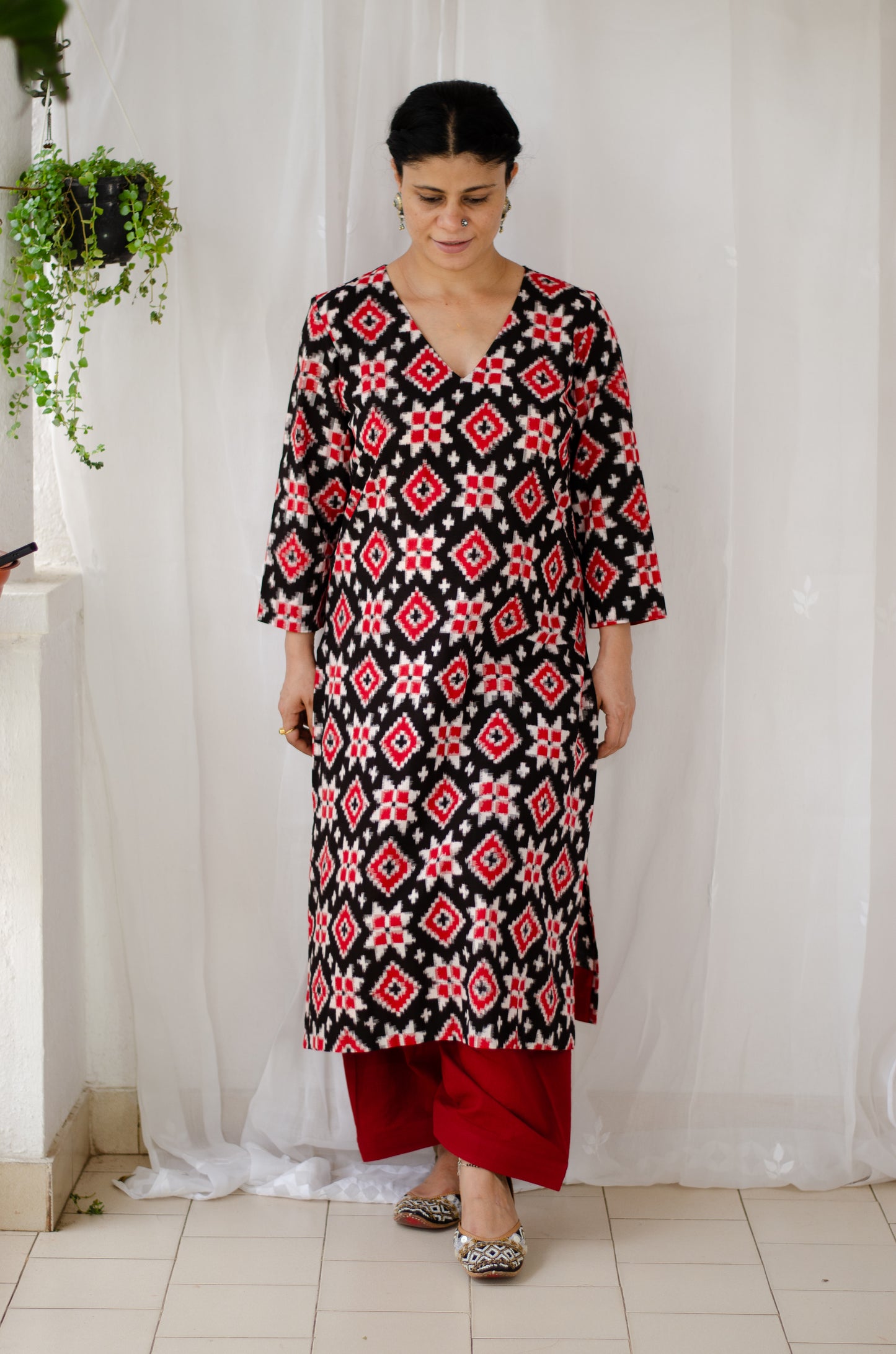 Handloom Teila Rumal ikat straight cut kurta with handwoven cotton salwar set.