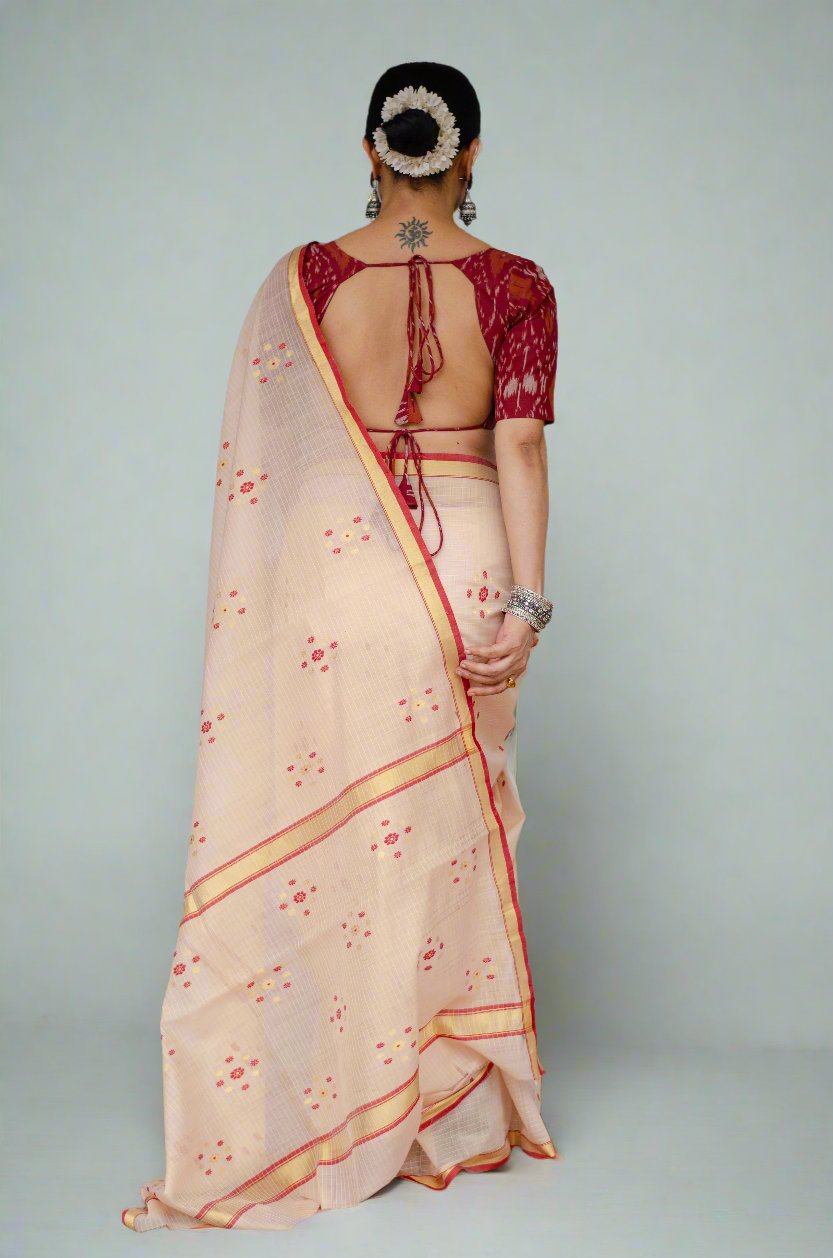 Handloom Cotton Silk Chanderi Saree With Woven Thread & Zari Motifs.