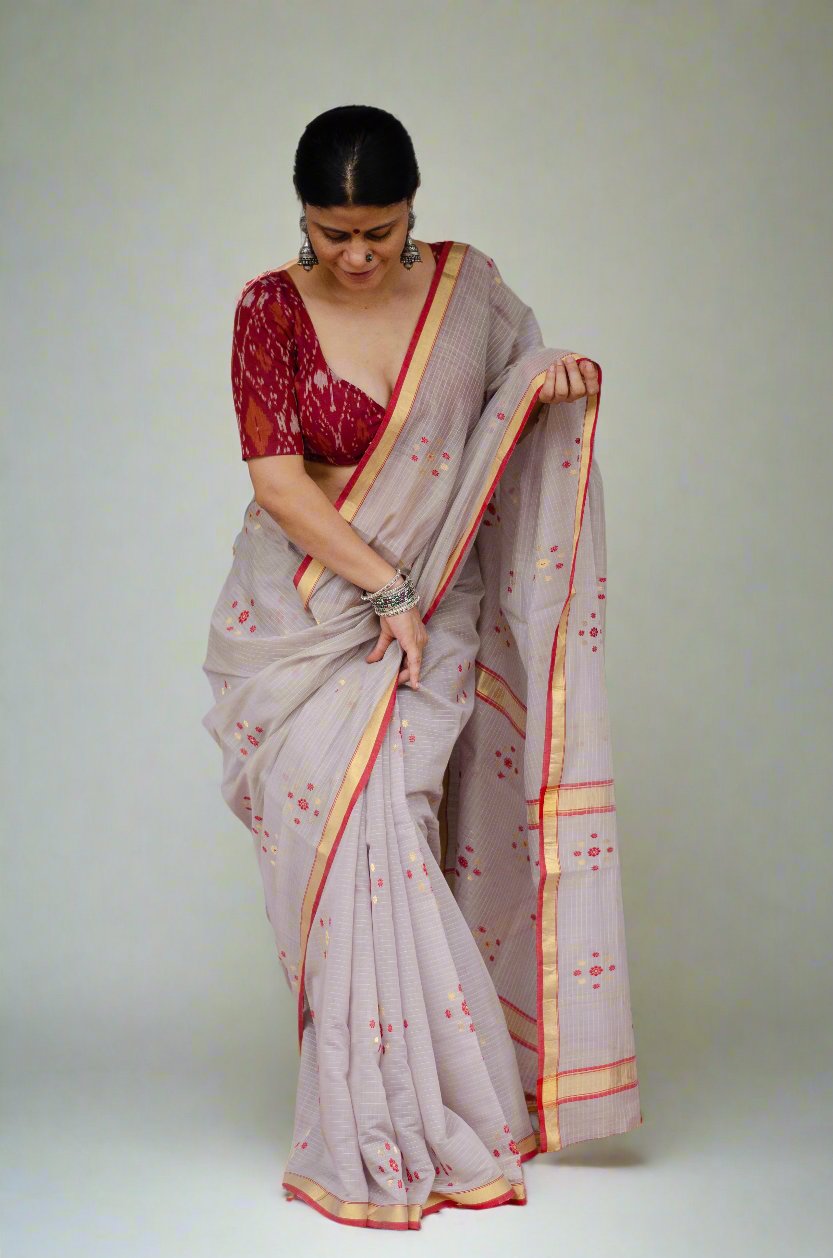 Handloom Cotton Silk Chanderi Saree With Woven Thread & Zari Motifs.