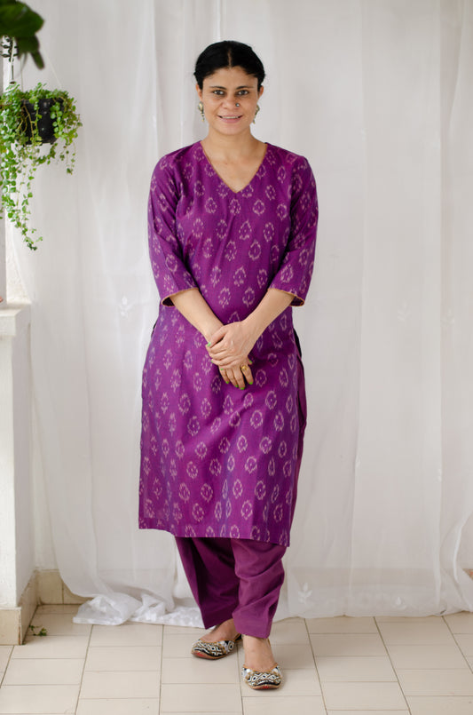 Handloom ikat straight cut kurta with handwoven cotton salwar set.