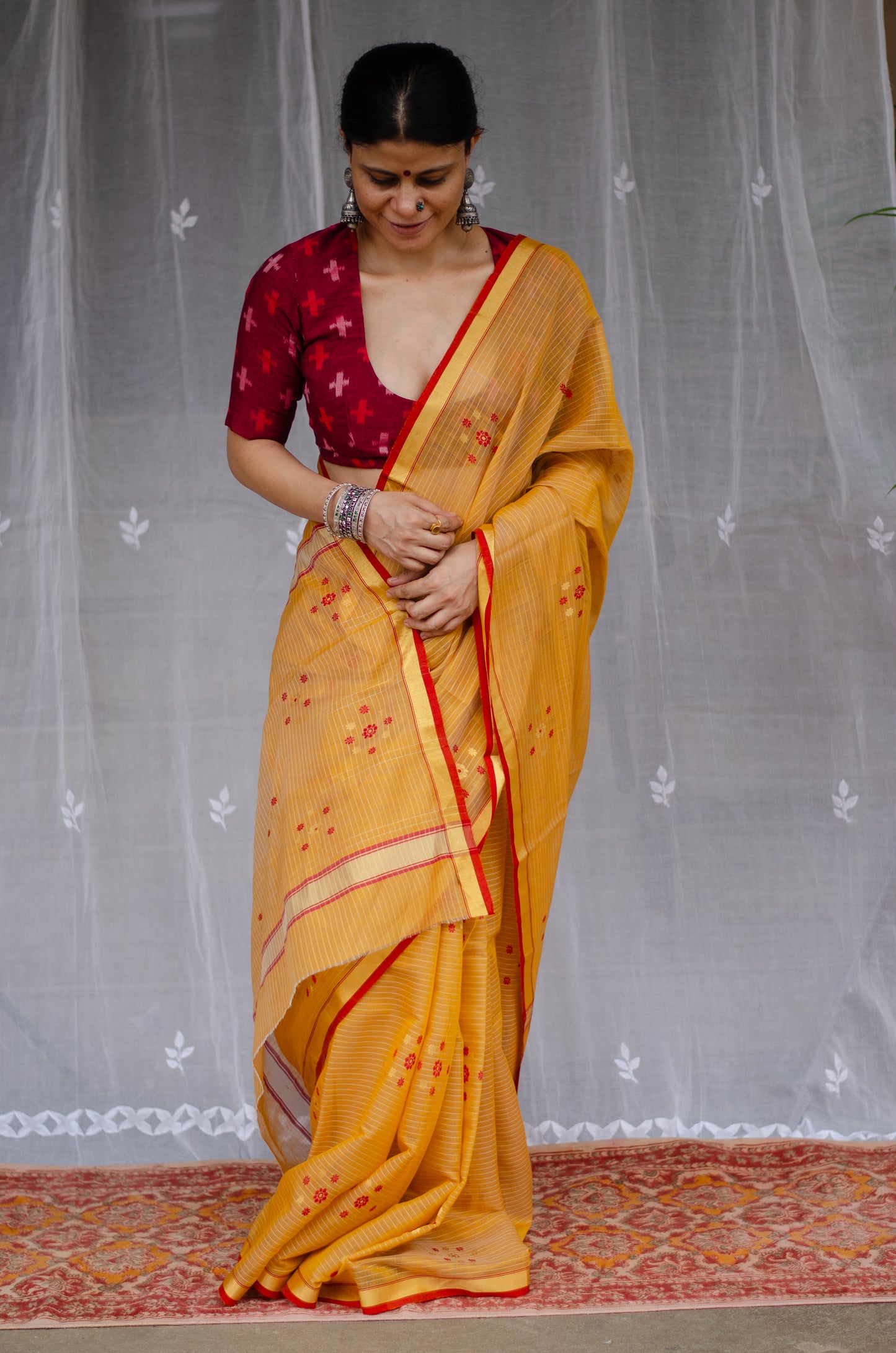 Handloom Cotton Silk Chanderi Saree With Woven Thread & Zari Motifs.