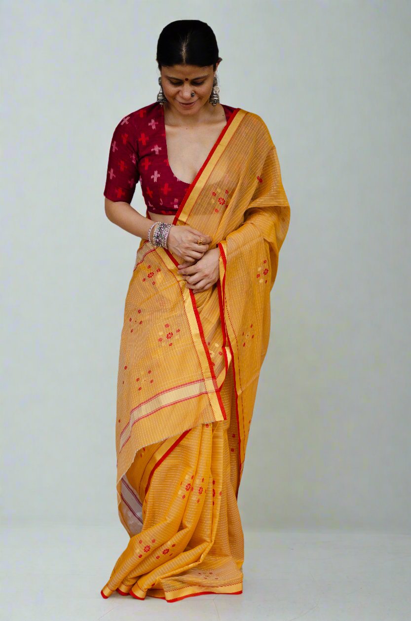 Handloom Cotton Silk Chanderi Saree With Woven Thread & Zari Motifs.