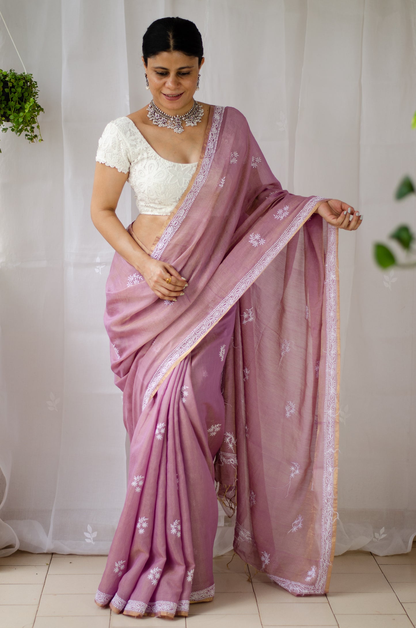 Handloom & Handembroidered  Chikankari Chanderi Tissue Silk saree