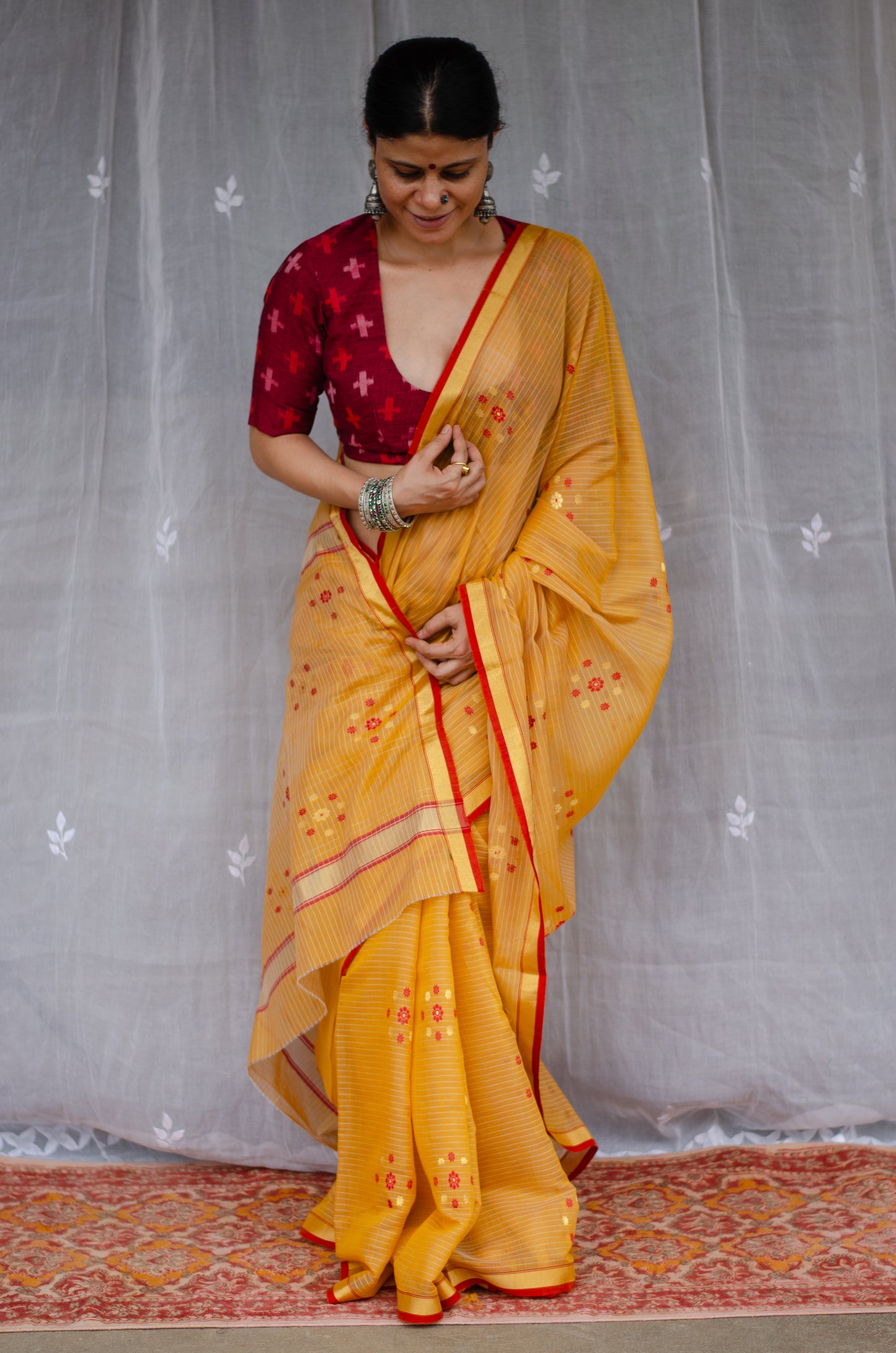 Handloom Cotton Silk Chanderi Saree With Woven Thread & Zari Motifs.