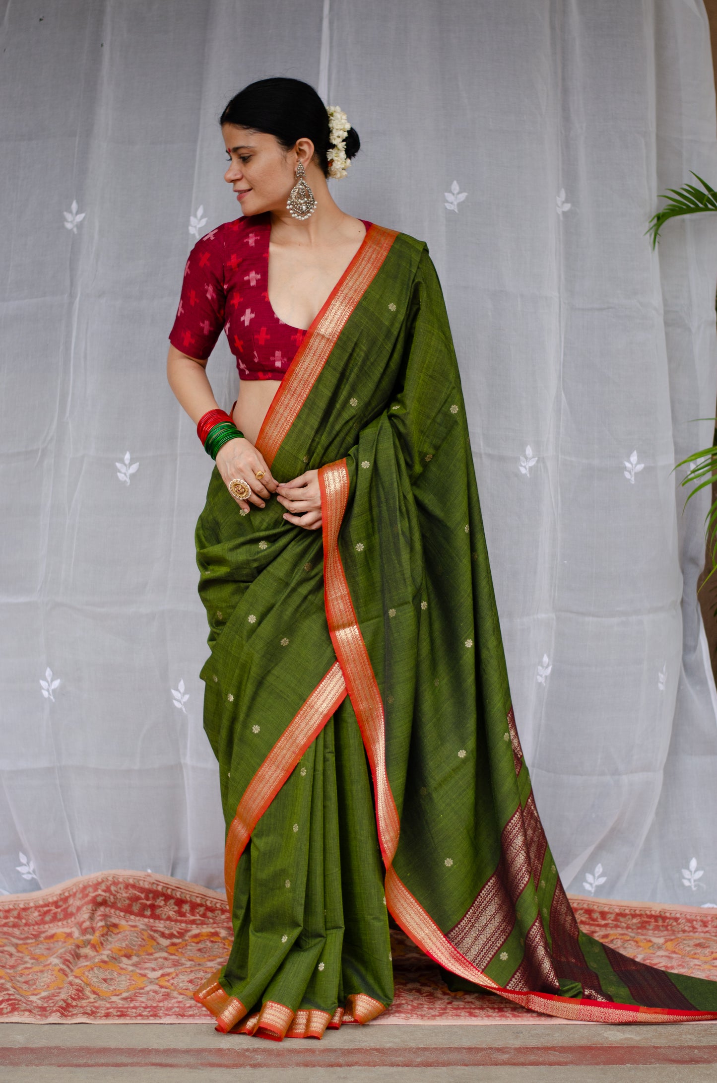 Double Woven handloom Traditional Indori Bootis Muslin Chanderi Saree.