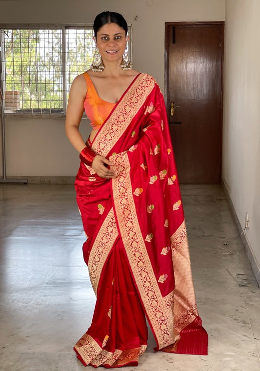 Red Colour Handwoven  Kadwa Katan Silk Banarasi Saree