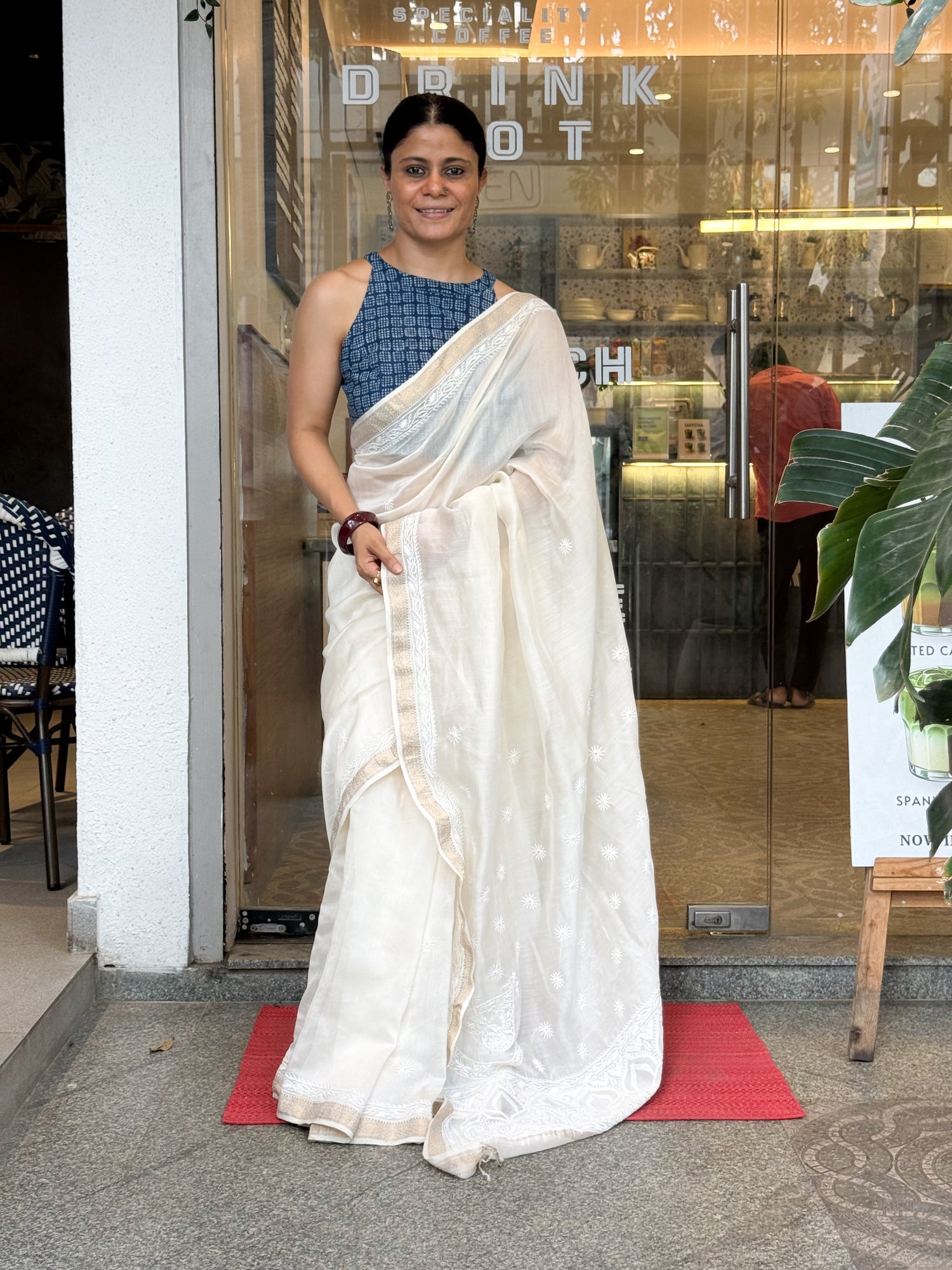 A Hand-Embroidered Chikankari  Chanderi Silk  Saree