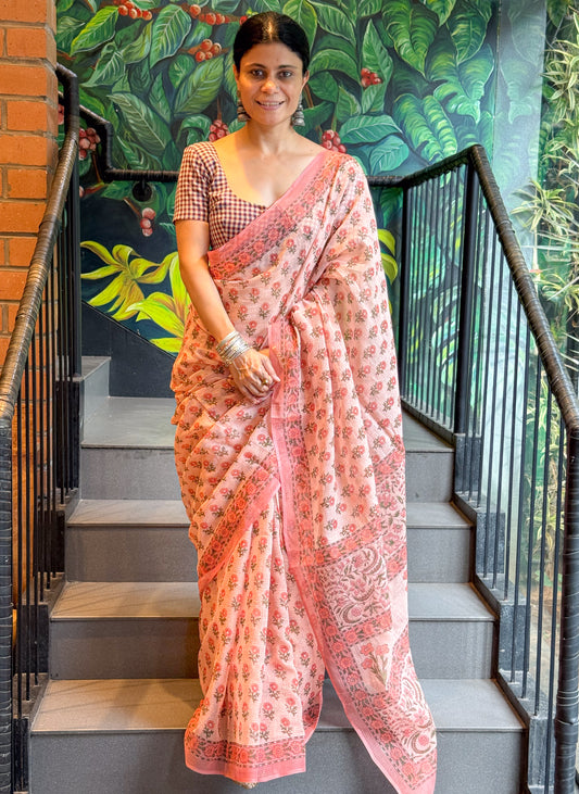 Hand block Printed  Kota Doria Saree