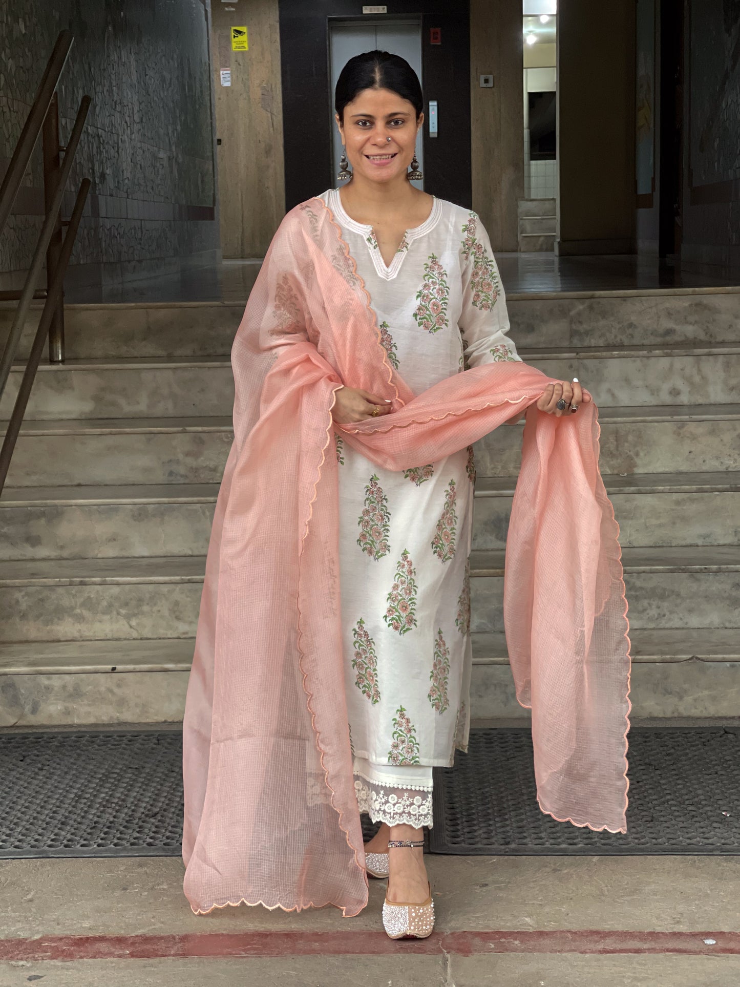 Handloom & handblock printed chanderi silk cotton kurta with kota silk dupatta