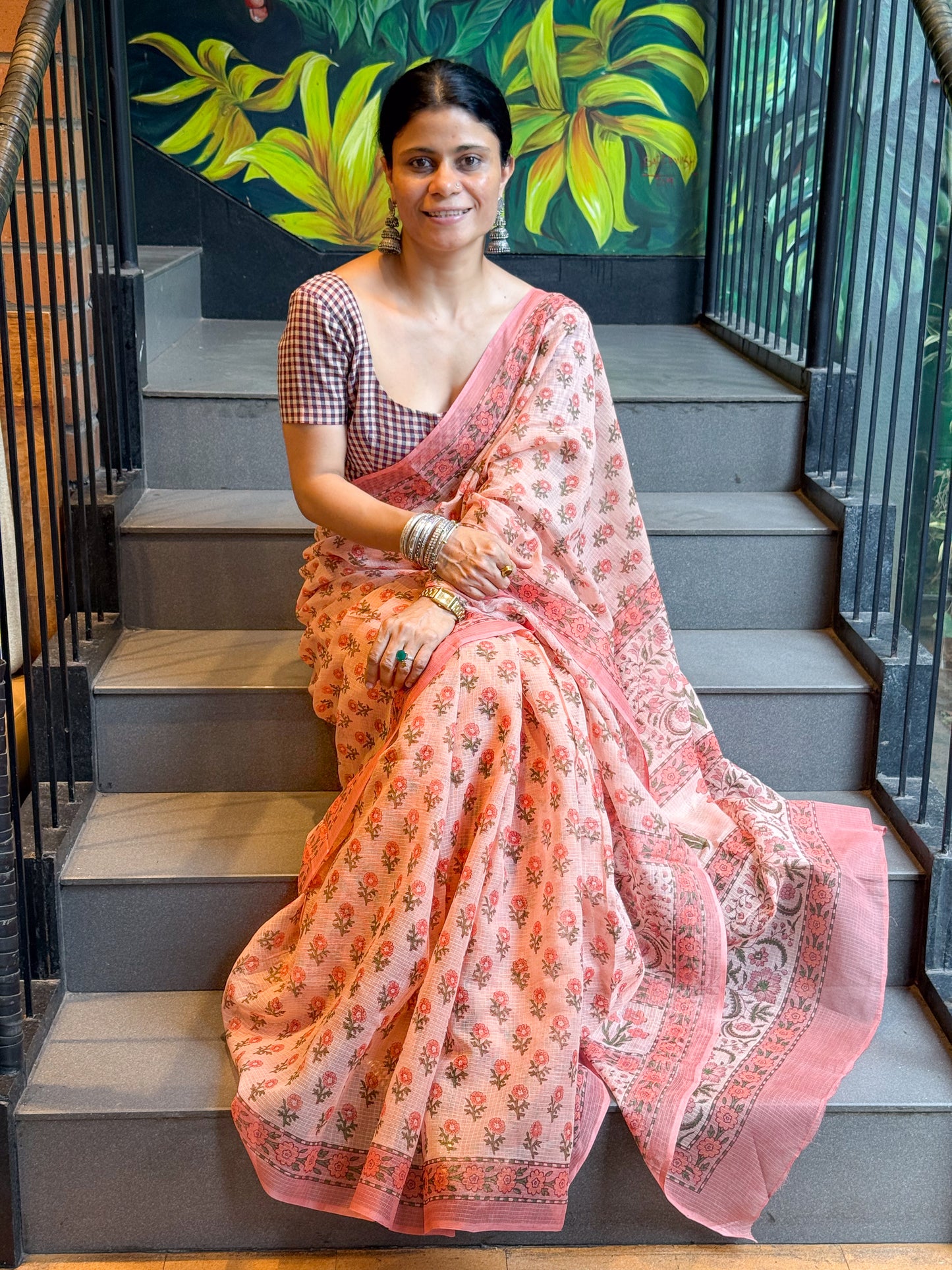 Hand block Printed  Kota Doria Saree