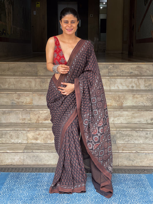 Handblock Printed  Natural Dyed  Ajrakh Mangalgiri Cotton Saree