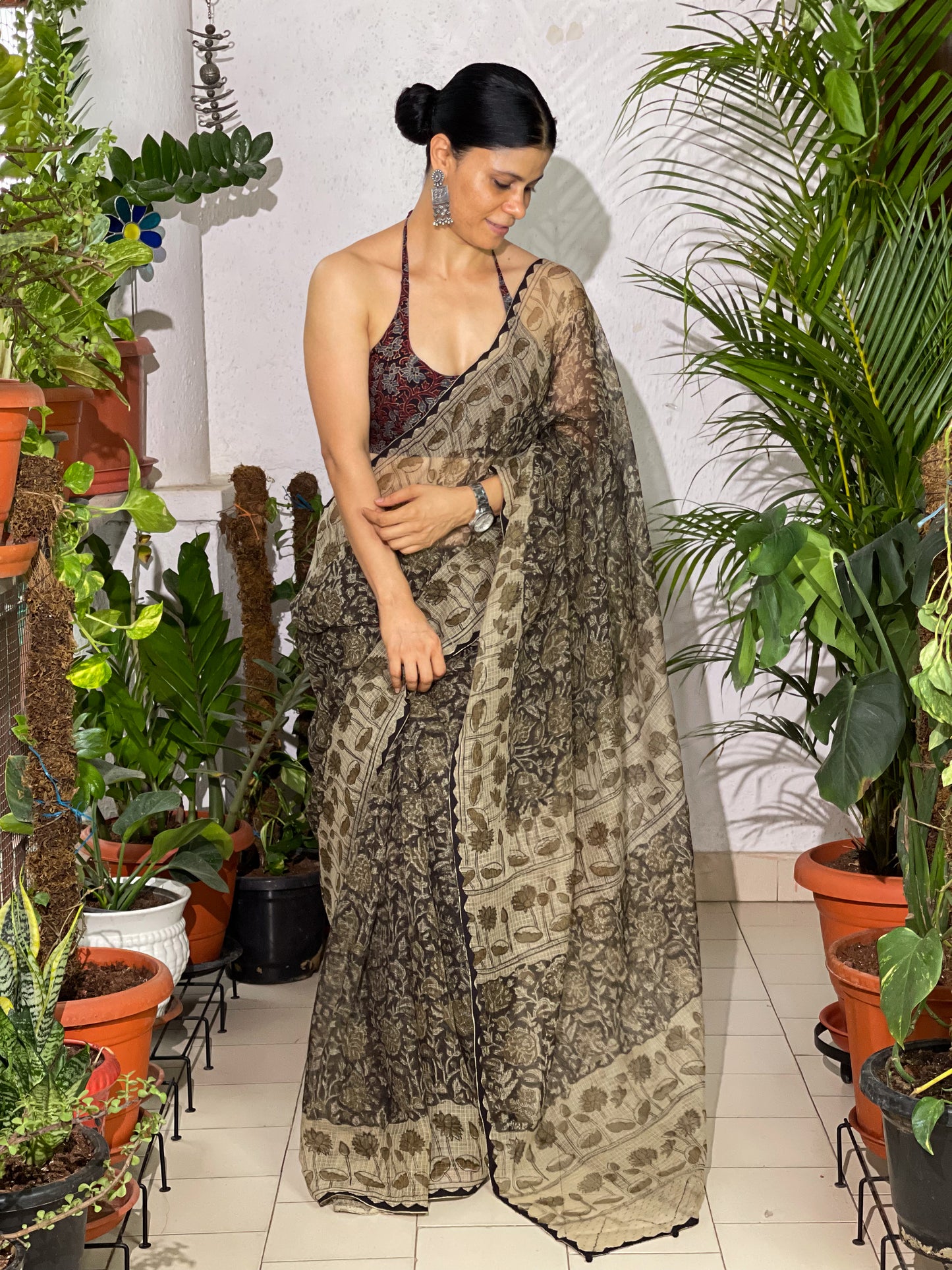 Hand block & Applique Hand Embroidered  Kota Doria Saree