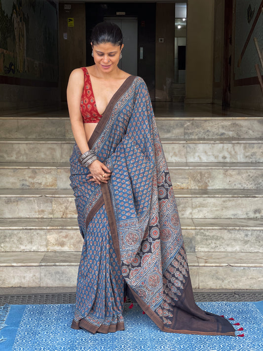 Handblock Printed  Natural Dyed  Ajrakh Mangalgiri Cotton Saree