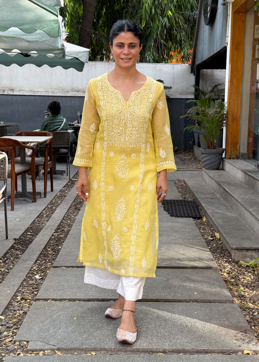 Handloom And Handembroidered Chikankari Kota Doria  Kurta