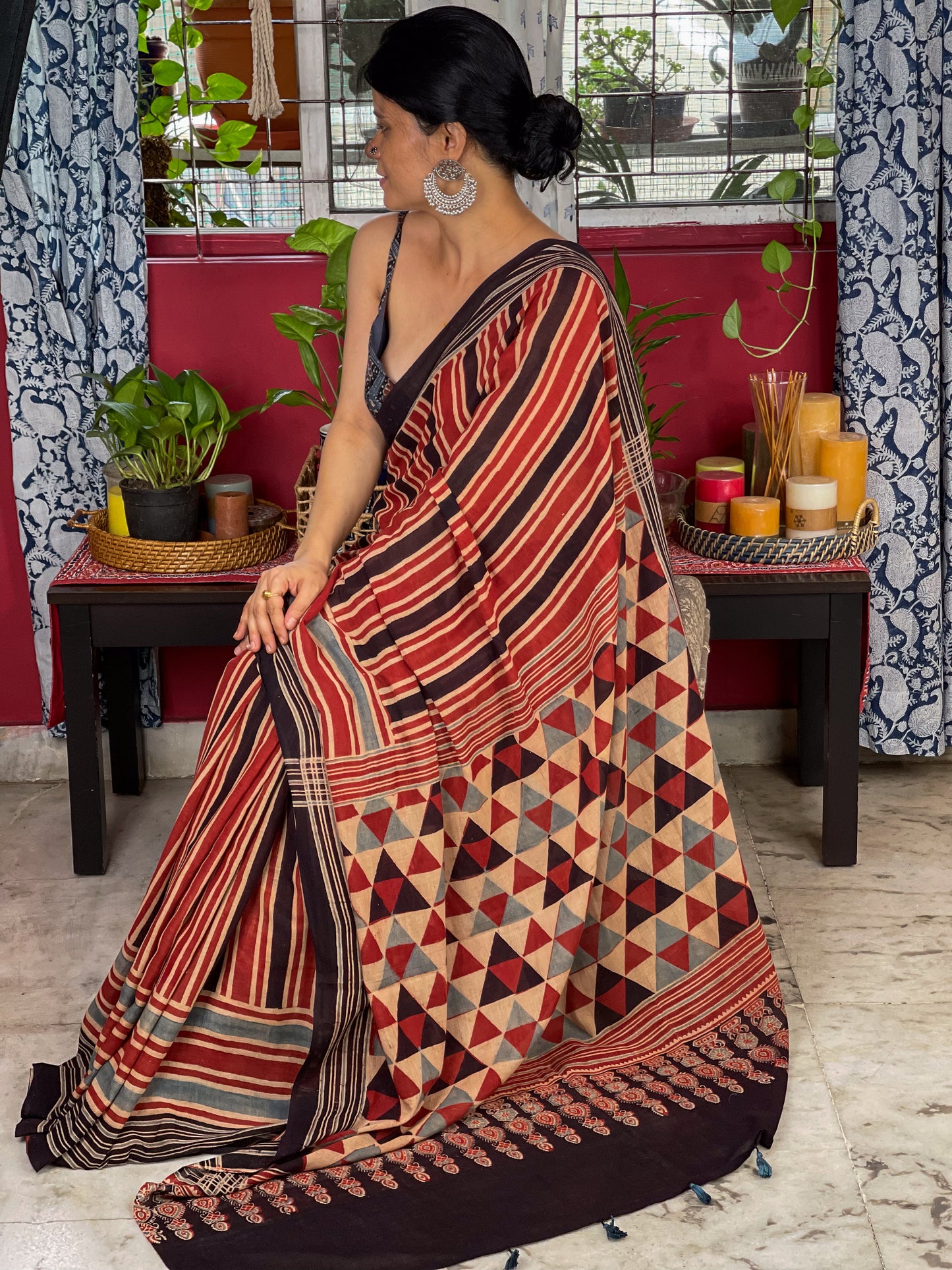 Handblock Printed  Natural Dyed  Ajrakh Mull Cotton Saree