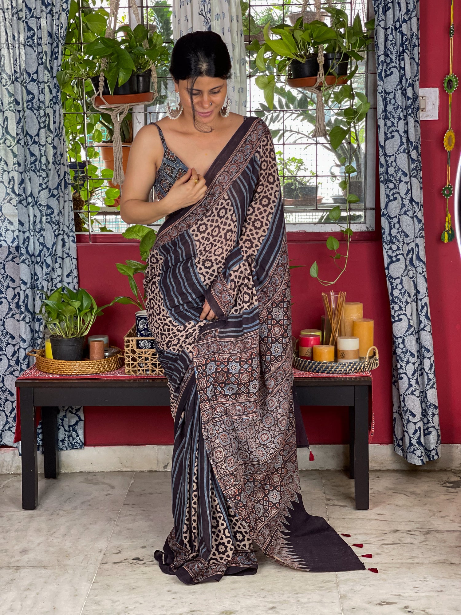 Handblock Printed  Natural Dyed  Ajrakh Mull Cotton Saree