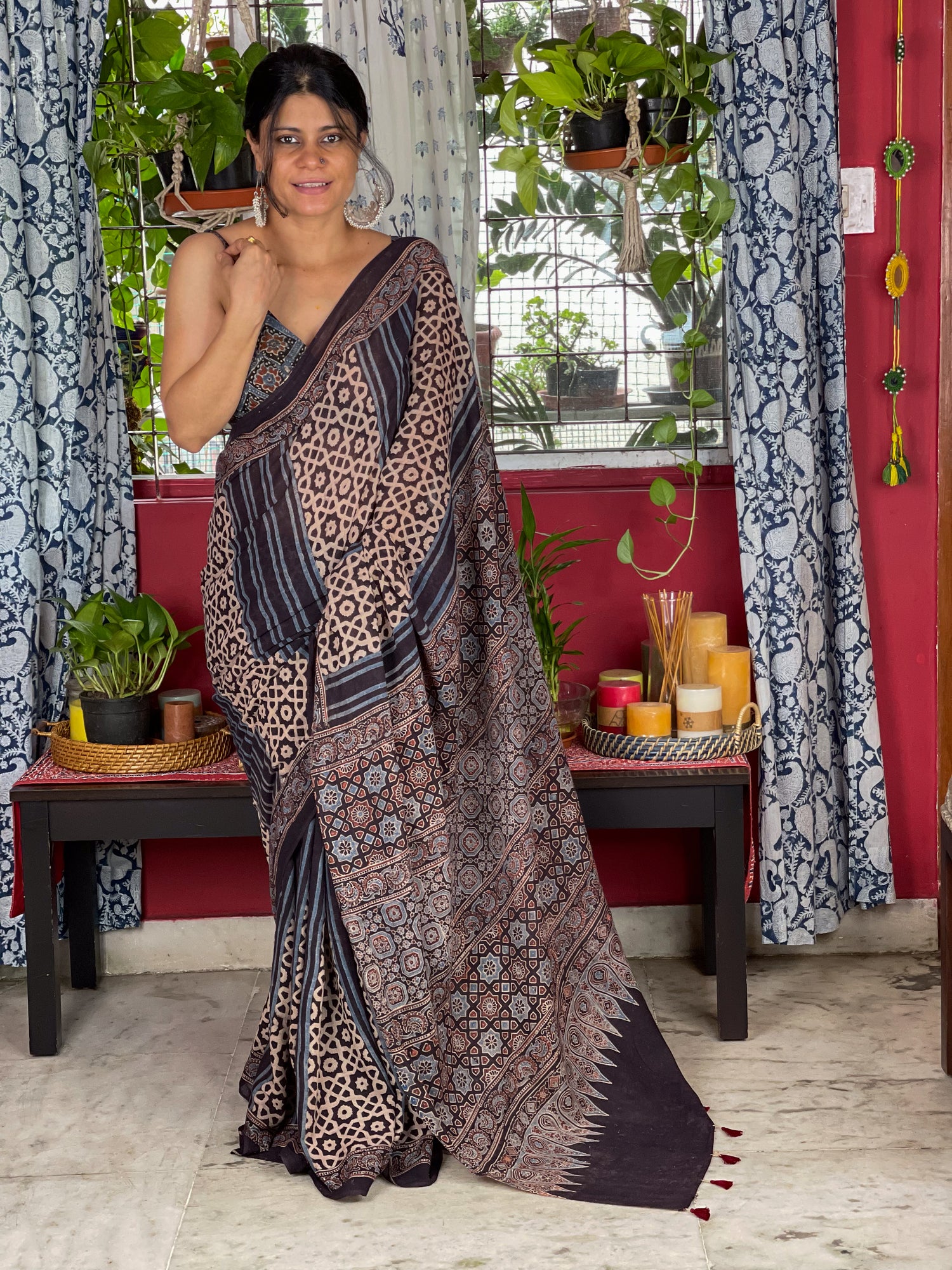 Handblock Printed  Natural Dyed  Ajrakh Mull Cotton Saree